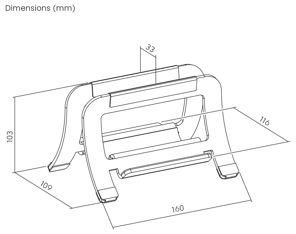 Technische Zeichnung eines Ständers/Halters mit Abmessungen in mm: 160 breit, 109 tief, 103 hoch und 33 Oberflächenbreite.