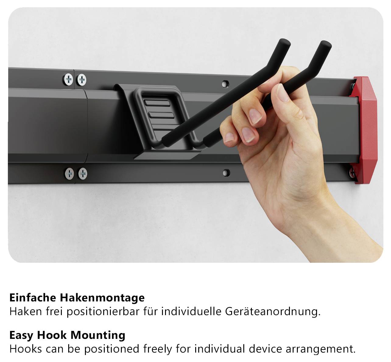 Hand platziert zwei verstellbare Haken an einer Wandhalterung; Text: 'Einfache Hakenmontage' und 'Easy Hook Mounting'.