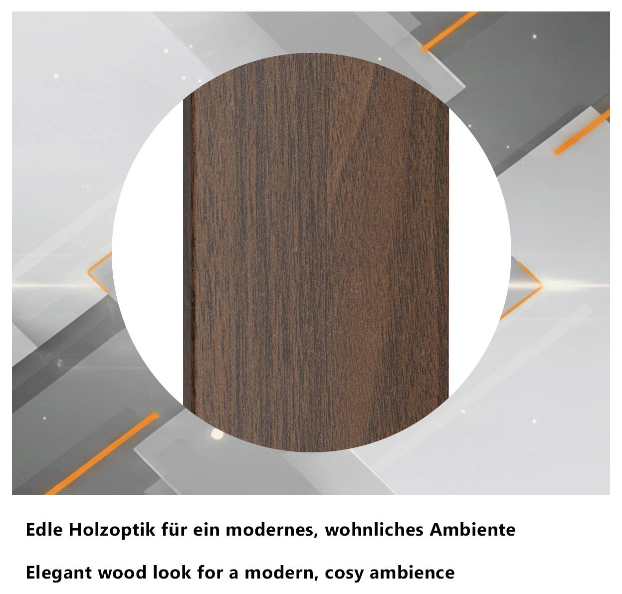 Dunkle Holzoptik-Musterprobe als Materialbeispiel für ein modernes, gemütliches Wohnambiente.