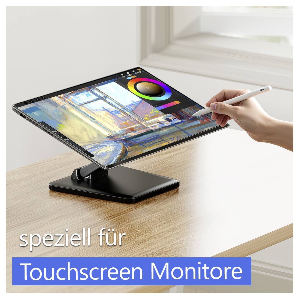 Eine Hand nutzt einen Stift auf einem neigbaren Touchscreen-Monitor; auf dem Bildschirm ist eine Zeichensoftware mit Farbkreis zu sehen.