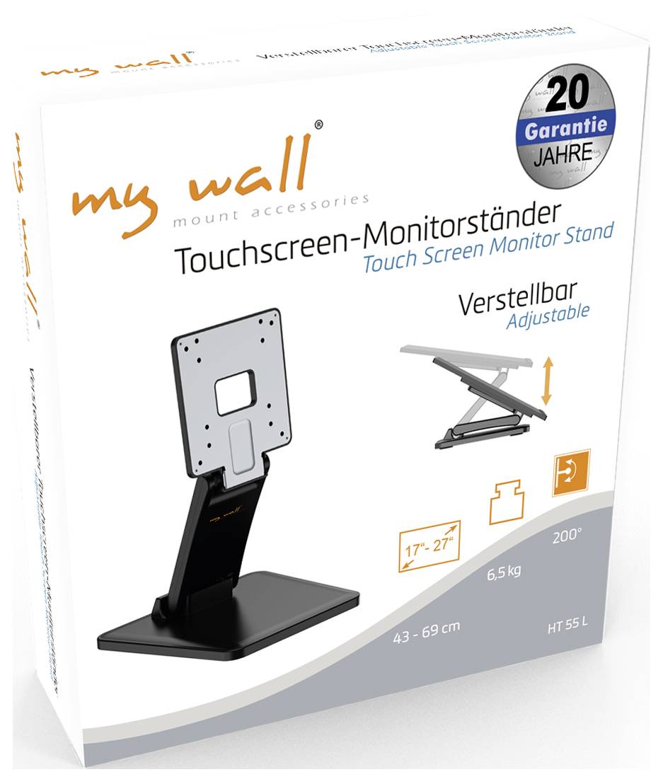 Verstellbarer Touchscreen-Monitorständer von my wall, für Bildschirme 17–27 Zoll, 43–69 cm, bis 6,5 kg, mit 20 Jahren Garantie.