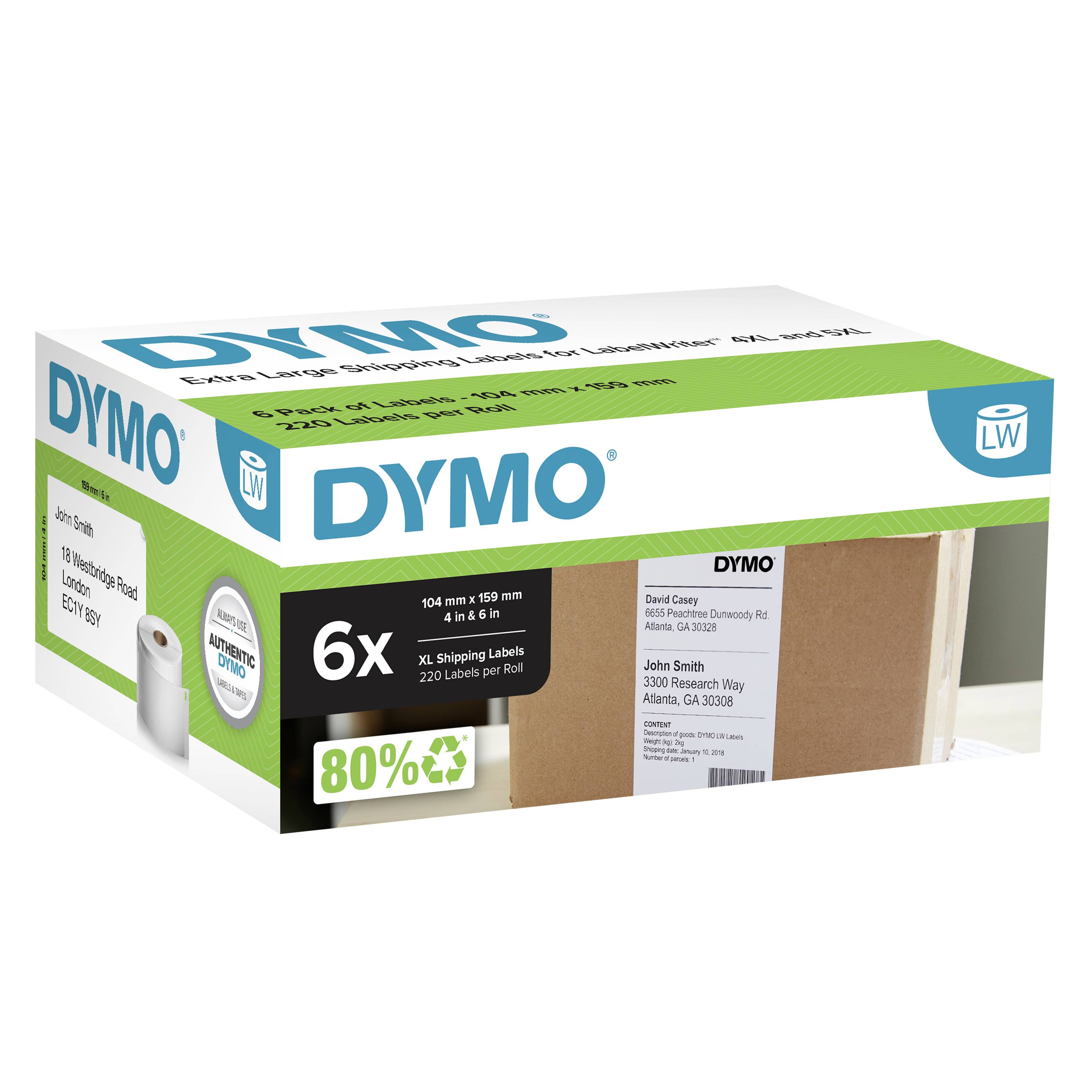DYMO Versandetiketten-Box, 6 Rollen, mit 4 x 6 Zoll Etiketten und „80% recycelt