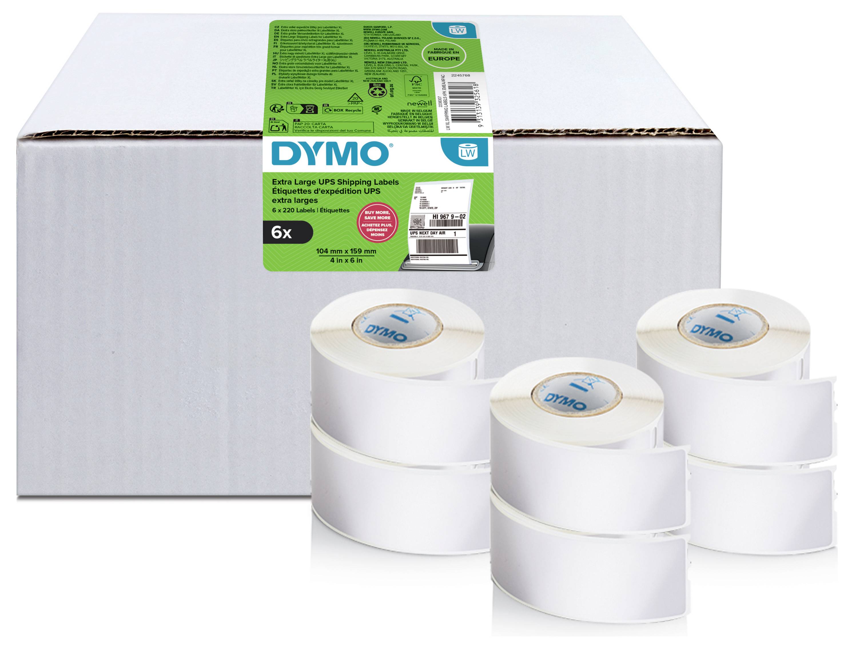 Karton mit DYMO Extra-großen UPS-Versandetiketten mit sechs Rollen, die vorne angezeigt werden
