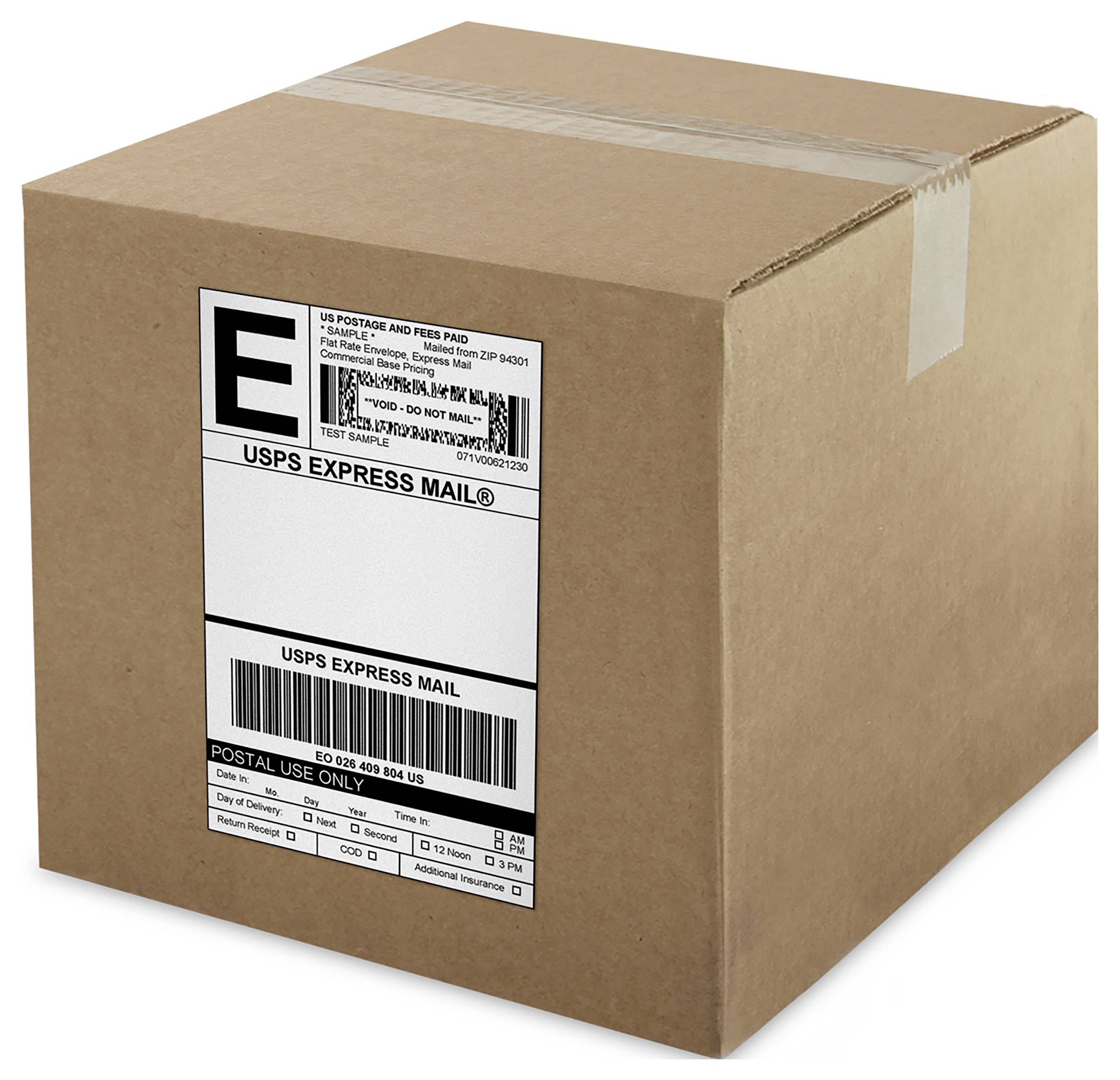 Eine versiegelte braune Kartonversandschachtel mit einem USPS Express Mail-Etikett auf der Vorderseite.