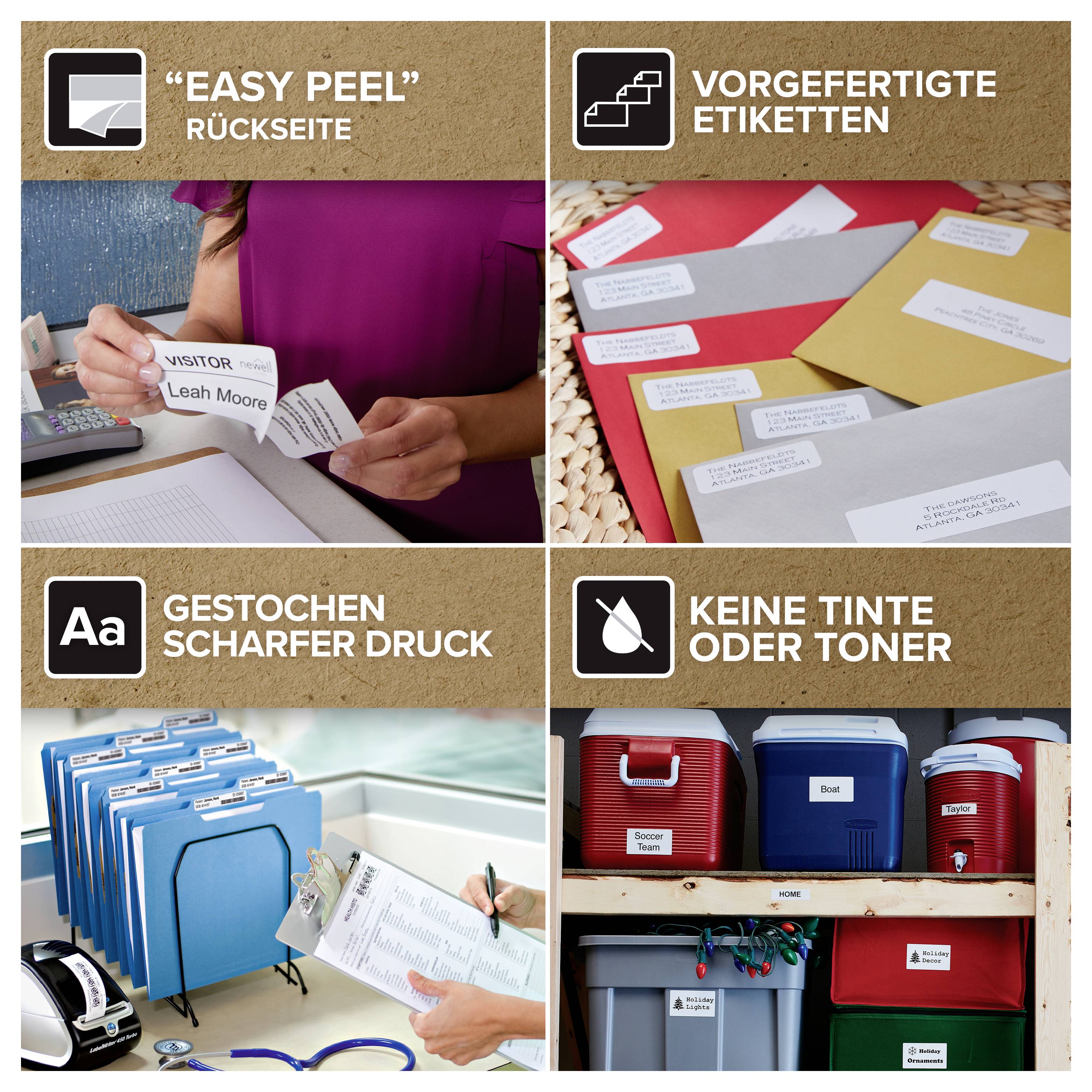 Collage Werbung für druckbare Adressetiketten: einfach abzuschälendes Etikett, vorgeedruckte Etiketten, scharfer Text und keine Tinte oder Toner erforderlich.