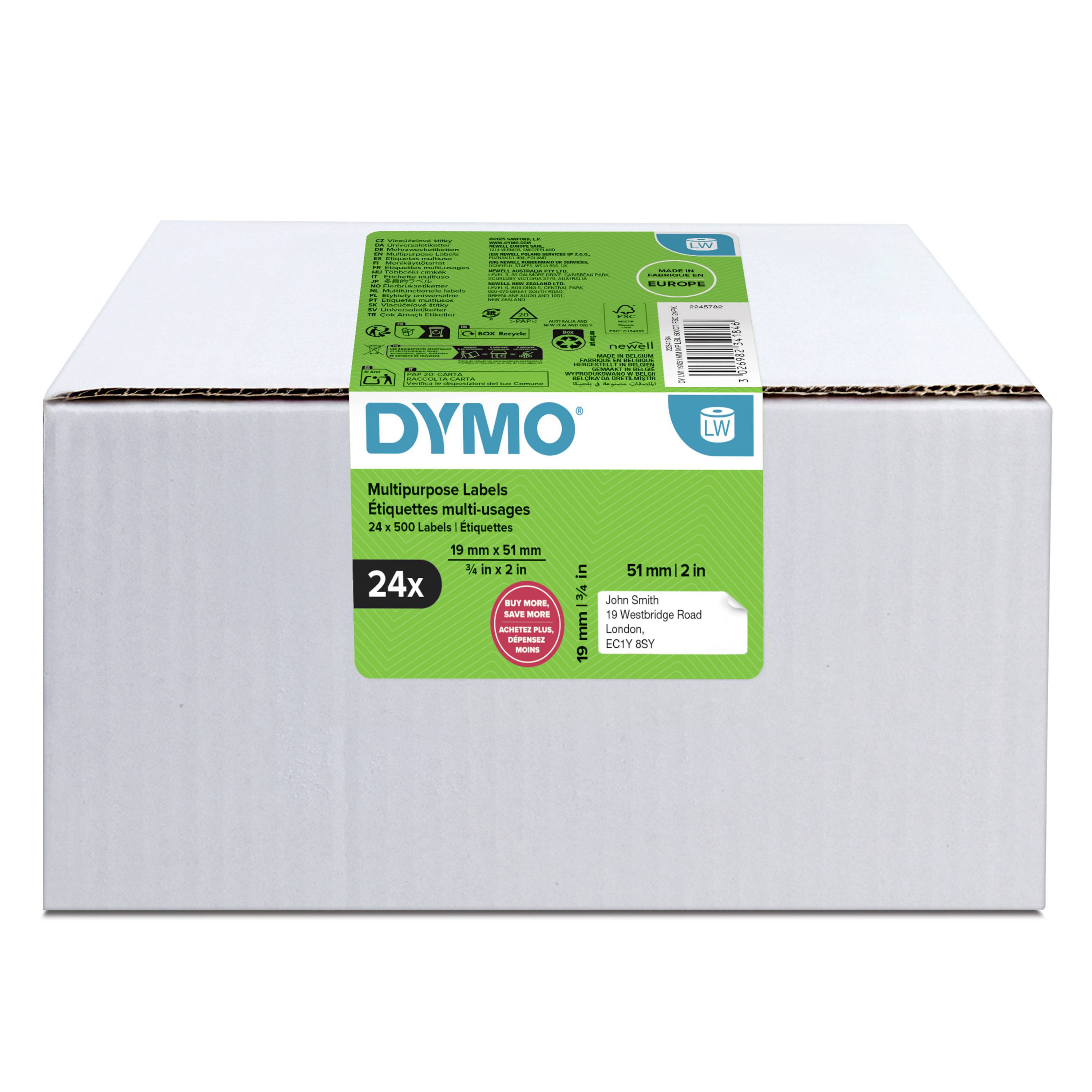 Schachtel mit DYMO Mehrzwecketiketten, 24 Blatt, mit grünem Vorderetikett mit Angabe der Etikettengröße 19 mm x 51 mm und Barcode