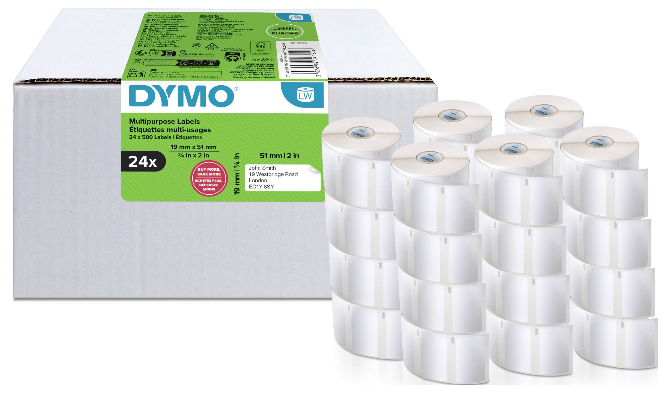 Karton mit DYMO-Mehrzwecketiketten mit mehreren weißen Etikettierollen, die daneben gestapelt sind, zeigt ein 24er-Pack von Etiketten für Drucker.