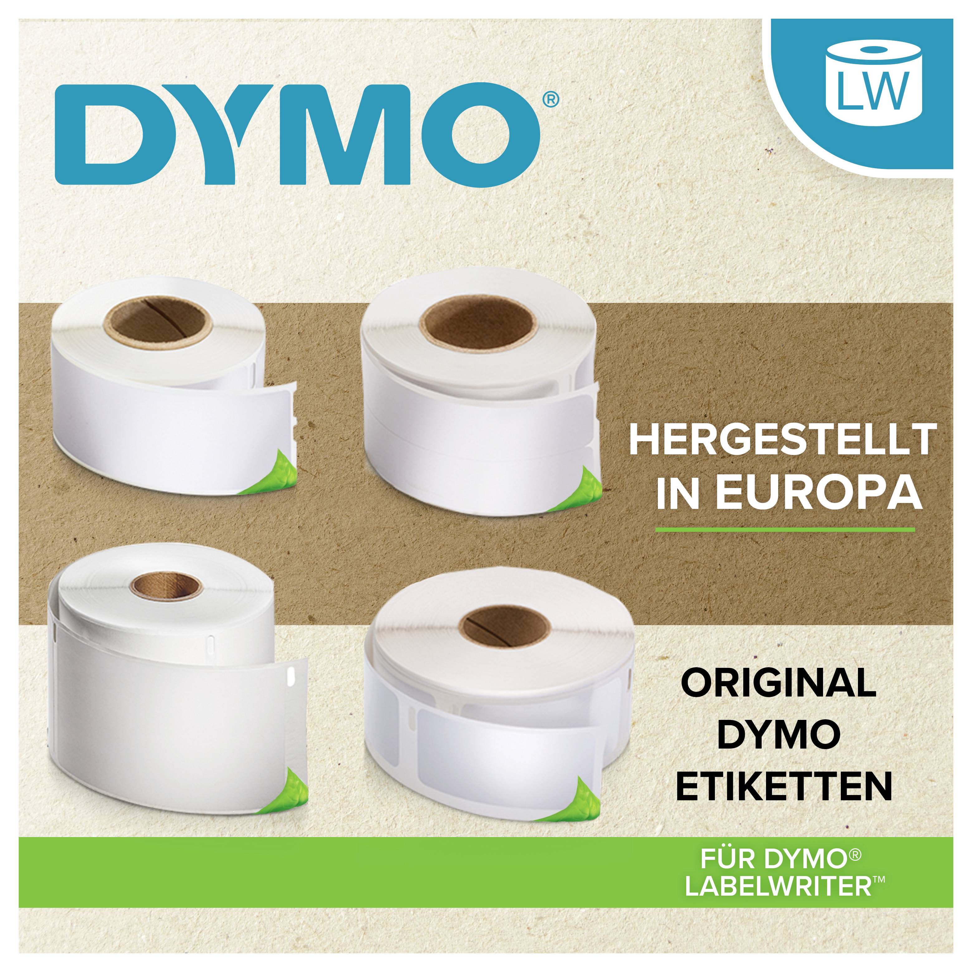 DYMO-Etikettenrollen-Anzeige mit vier weißen Etikettenrollen und Text „HERGESTELLT IN EUROPA