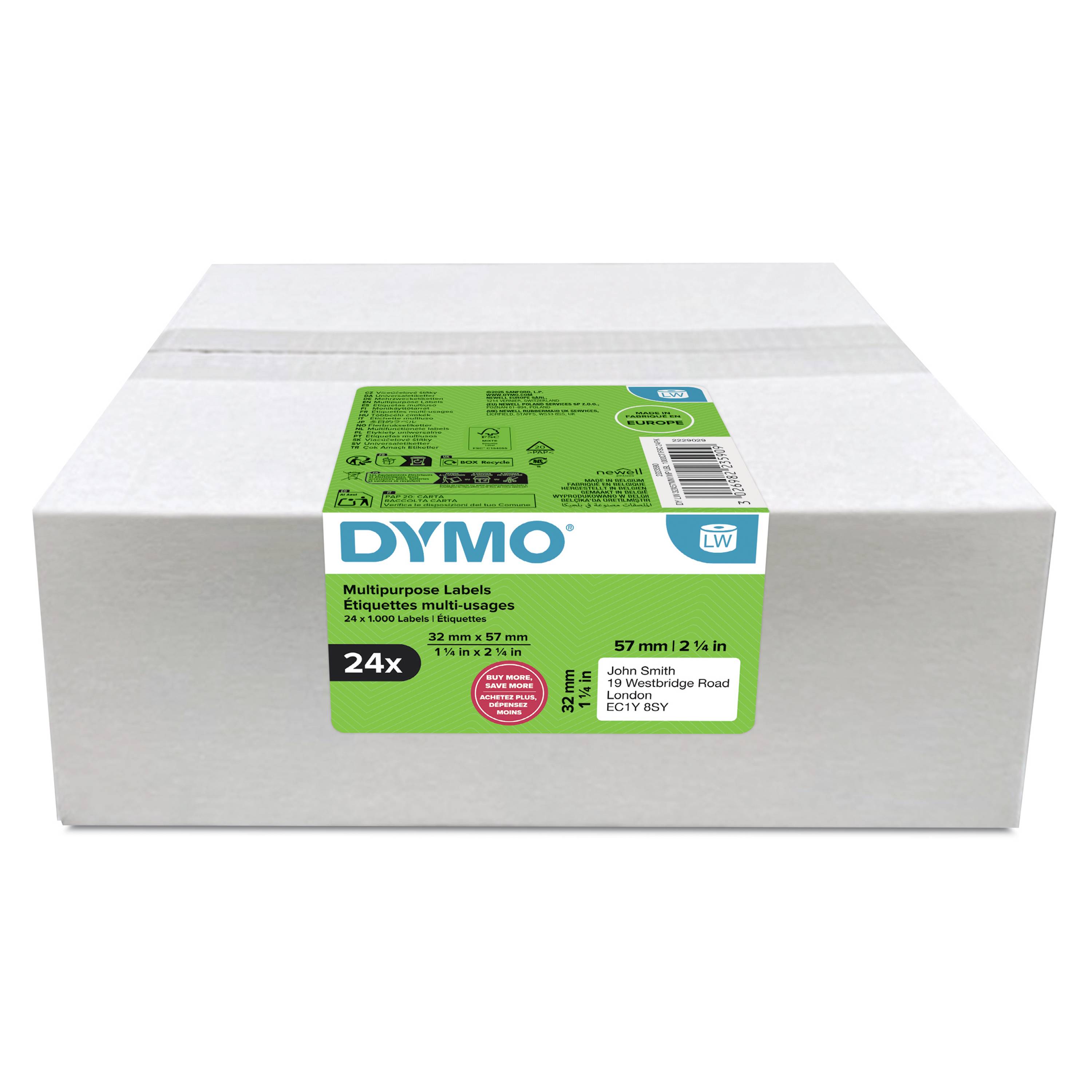 Karton mit DYMO-Mehrzweck-Etikettenpackungen mit grünem Produktetikett auf weißem Versandkarton.