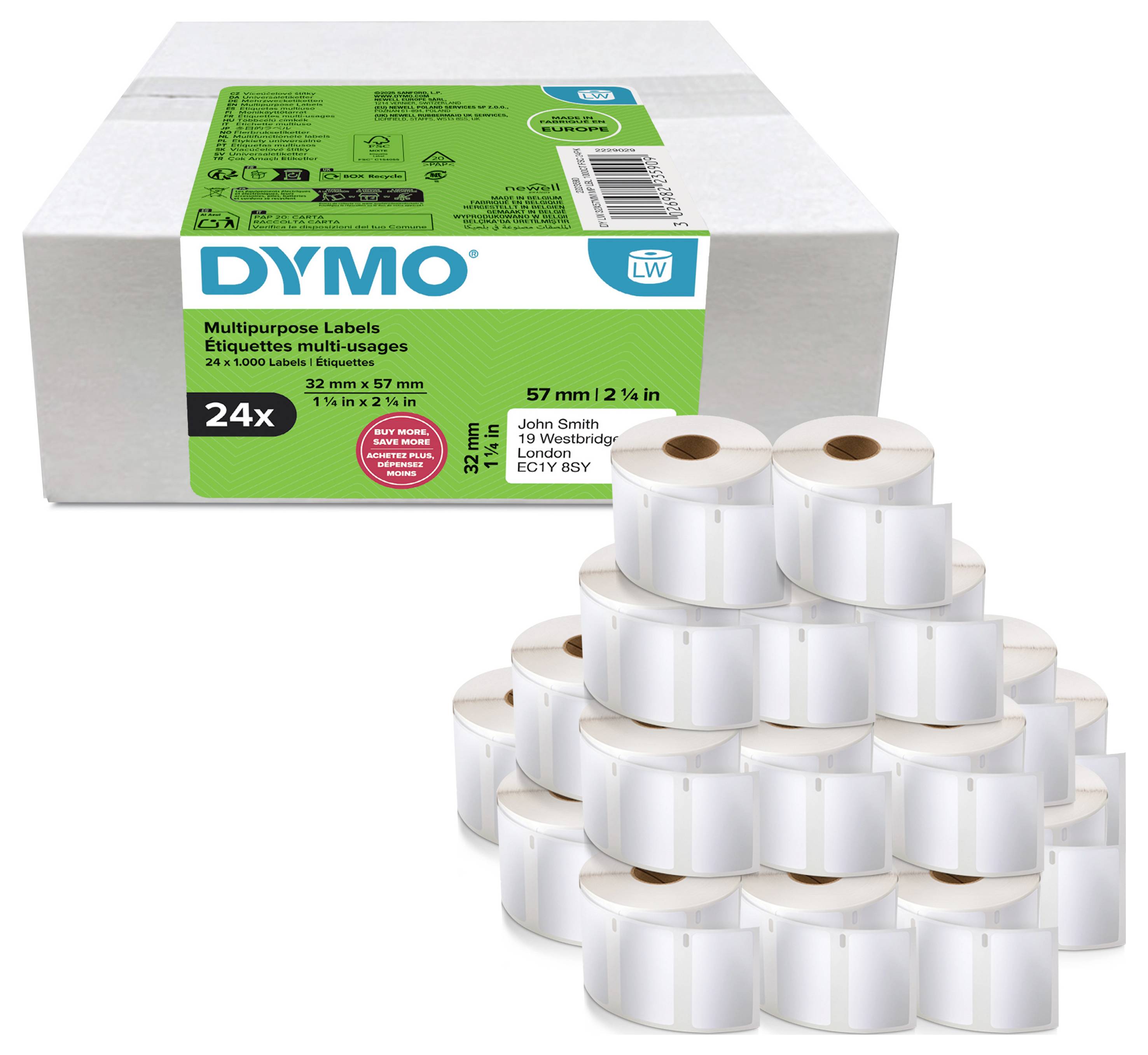 Schachtel mit DYMO-Mehrzweck-Etikettenrollen mit gestapelten weißen Etikettenrollen davor, zeigt 24 Rollen, 57 mm x 32 mm Etiketten.