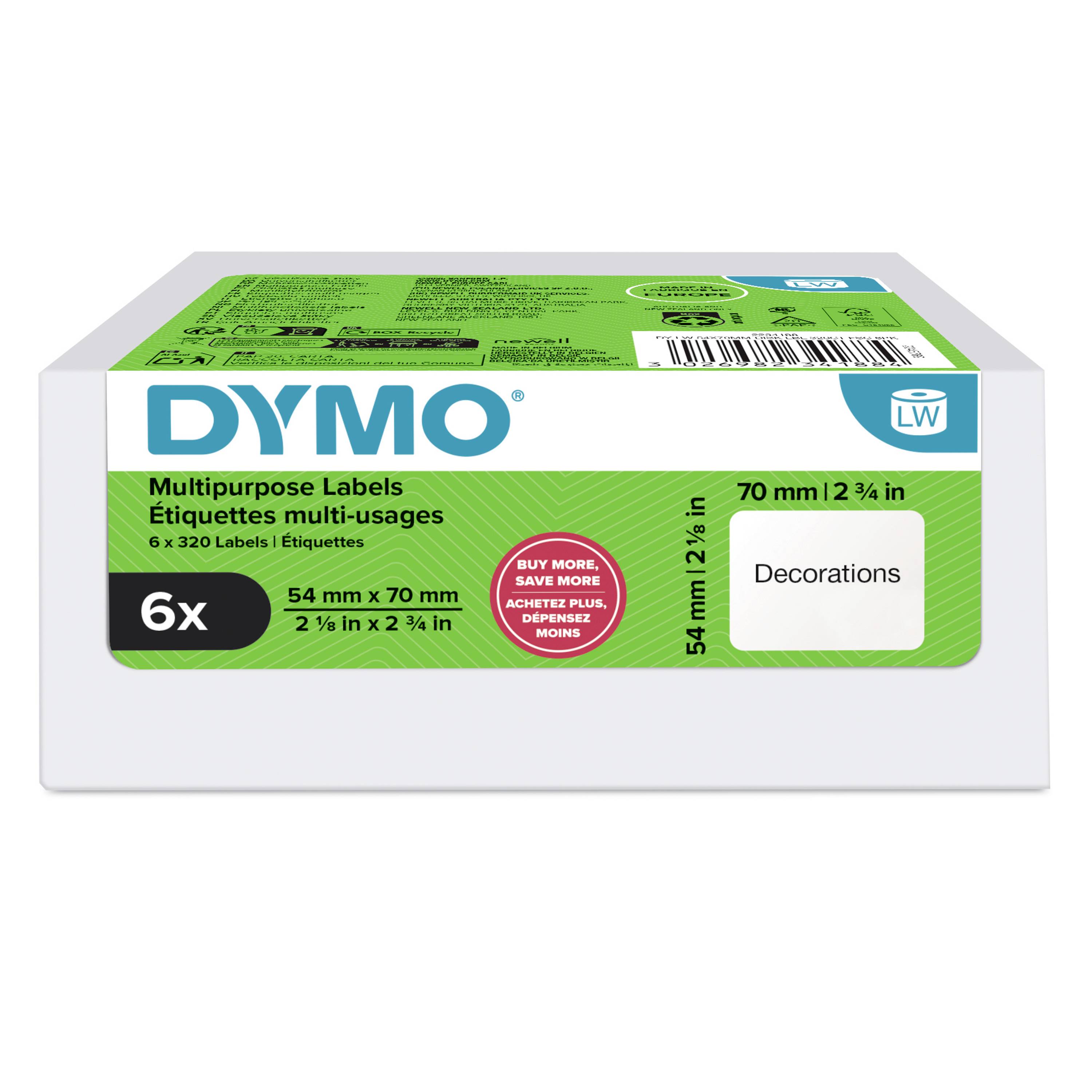 Dymo Mehrzwecketiketten-Packung, 6 Rollen, grüne Schachtel mit der Bezeichnung „Dekorationen