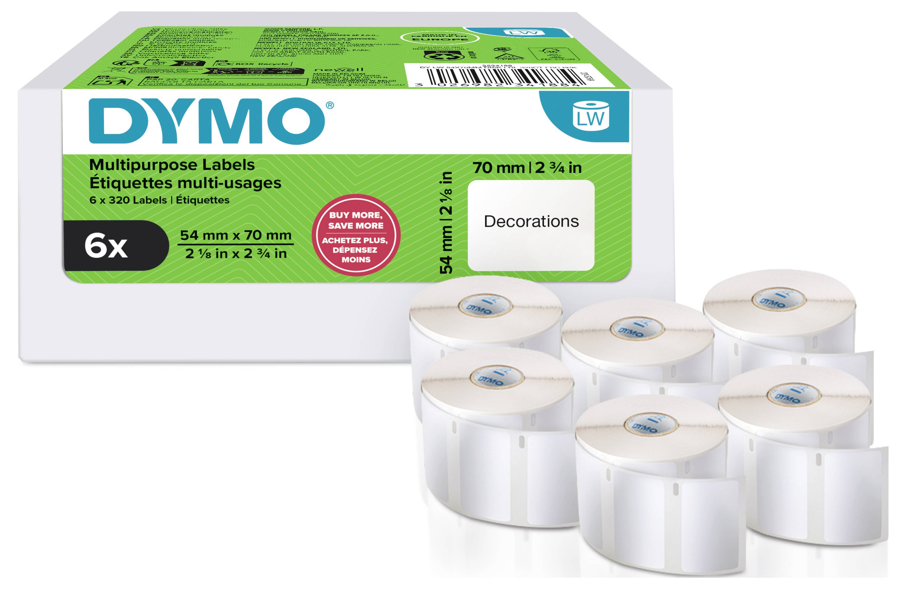 DYMO Multifunktions-Etikettenbox mit sechs Rollen weißer Etiketten, Größe 54 mm x 70 mm, gezeigt mit gestapelten Etikettenrollen und „Decorations