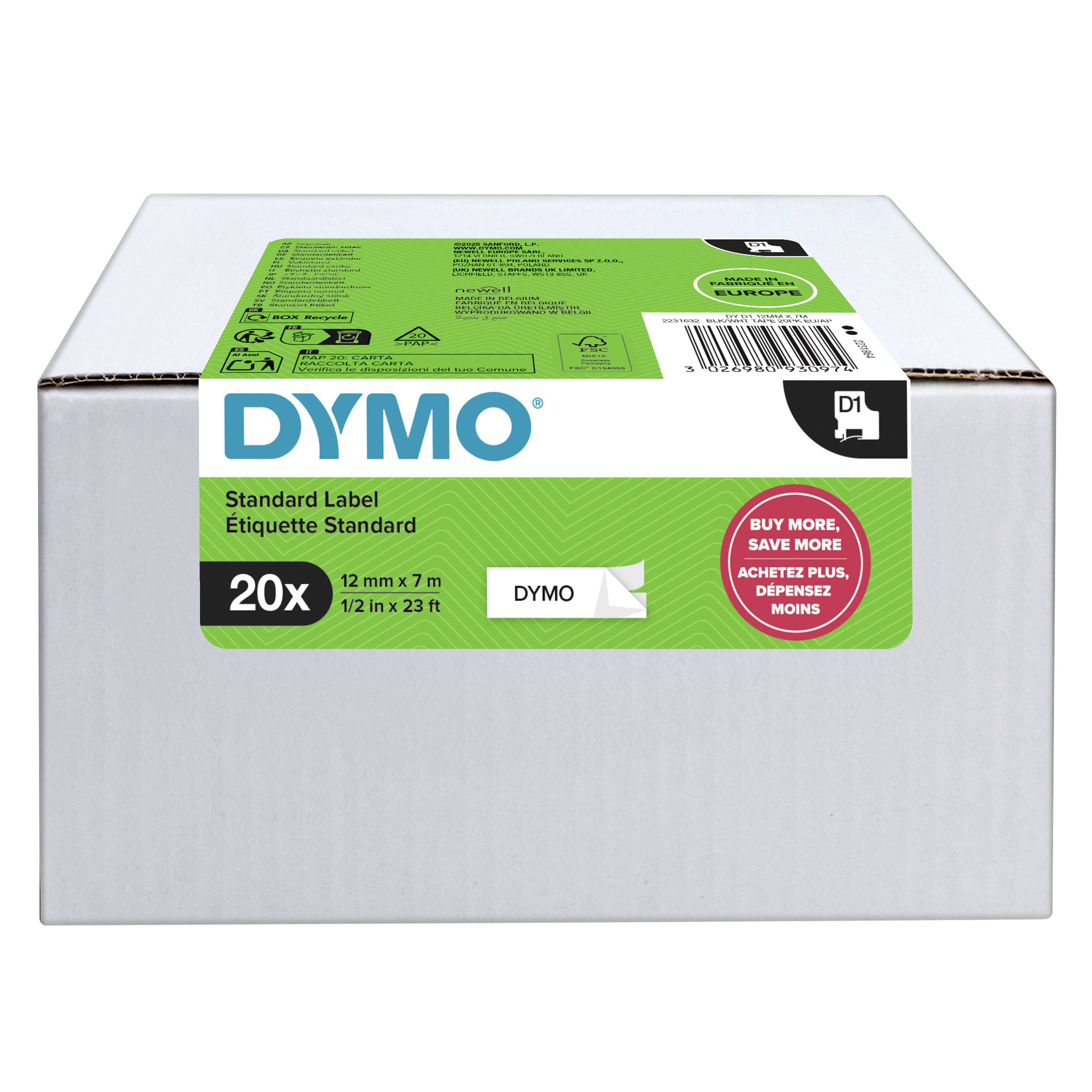 Packung mit DYMO-Standardetiketten, 20 Rollen, 12 mm x 7 m, mit grünem Produktetikett und Barcode auf der Vorderseite.
