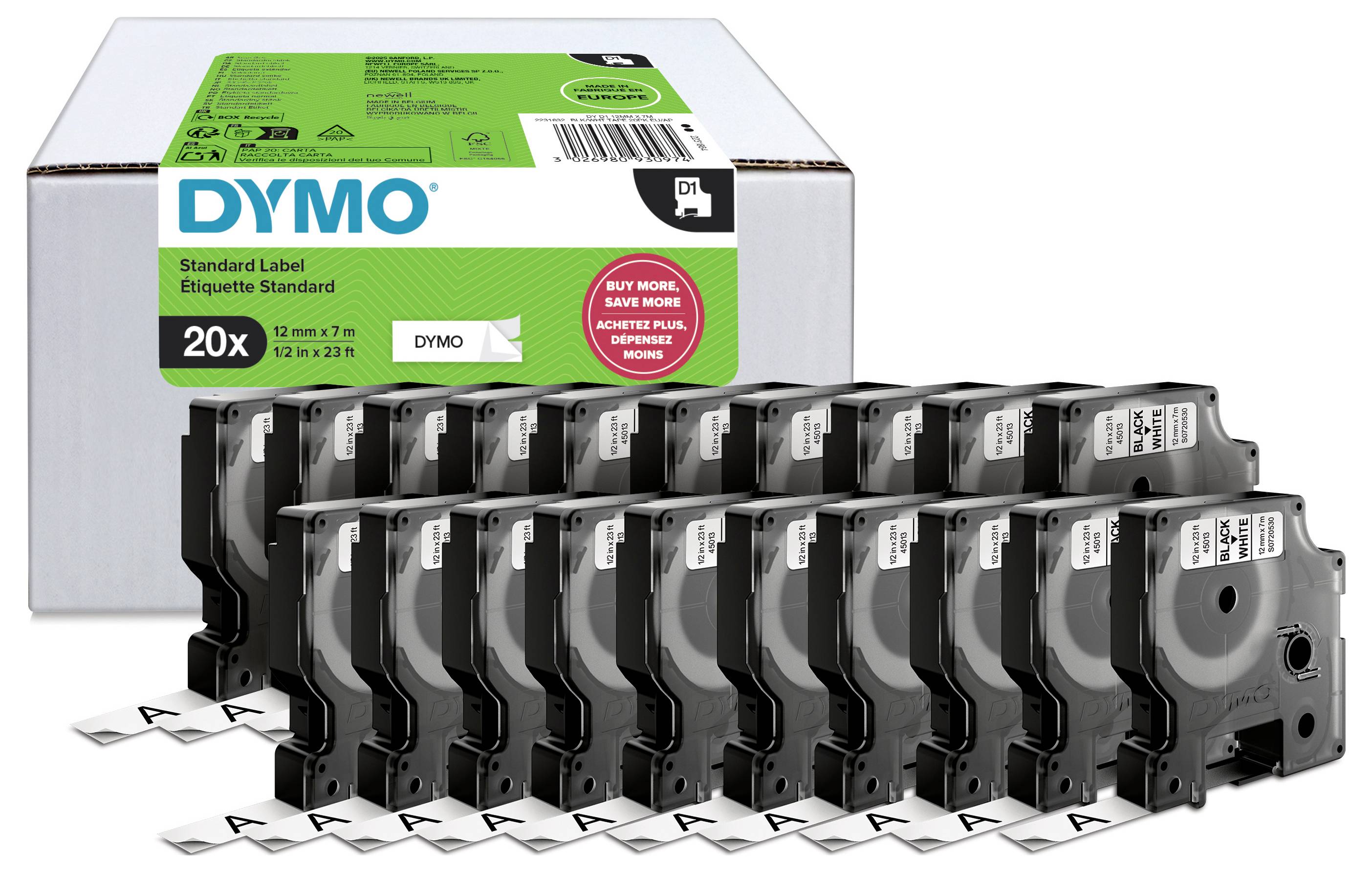 DYMO Standard Label Writer Beschriftungsband-Packung mit 20 schwarzen Etikettenrollen, dargestellt vor der Verpackung