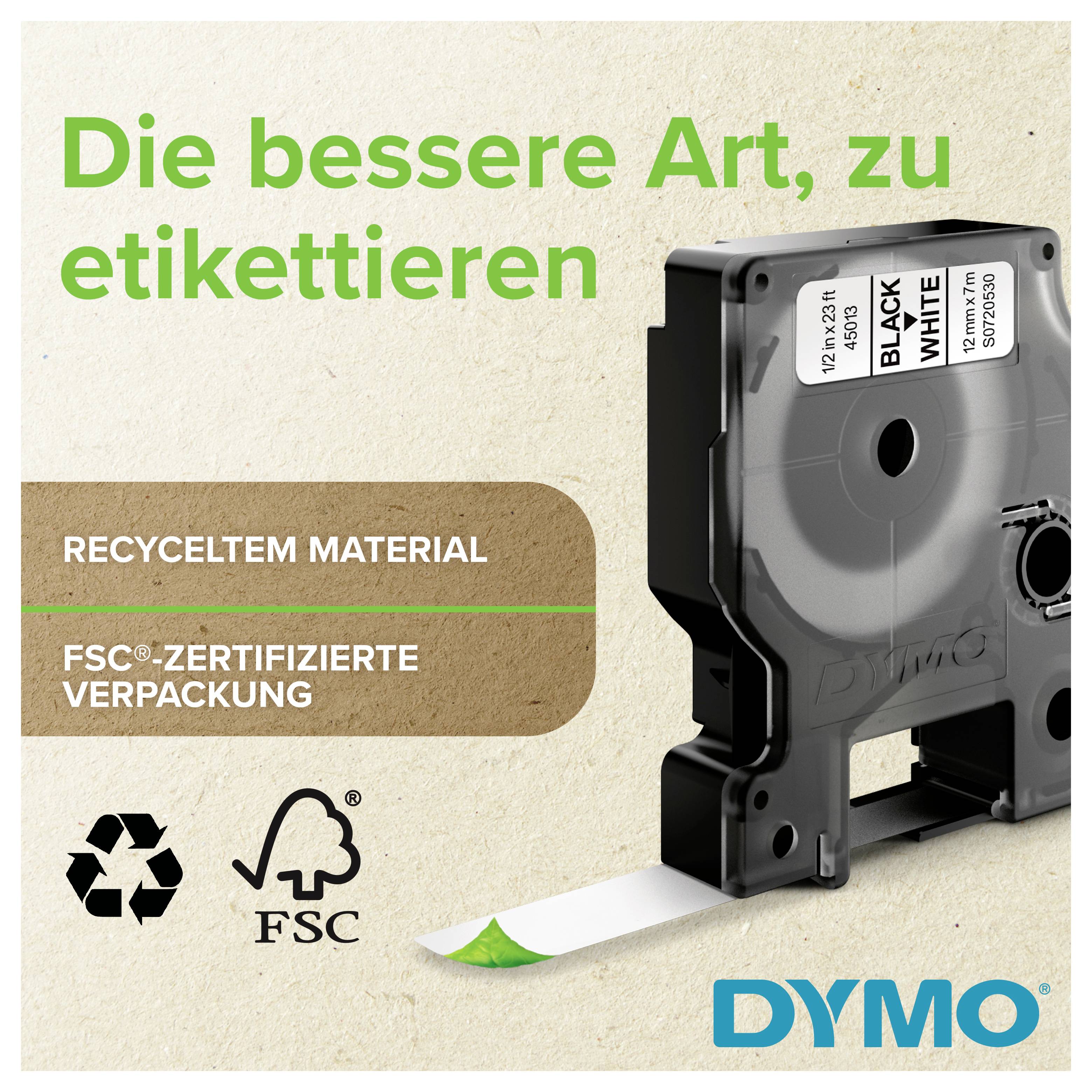 DYMO-Etikettendrucker mit deutschem Text, der recyceltes Material und FSC-zertifizierte Verpackung bewirbt, zusammen mit Recycling- und FSC-Logos.