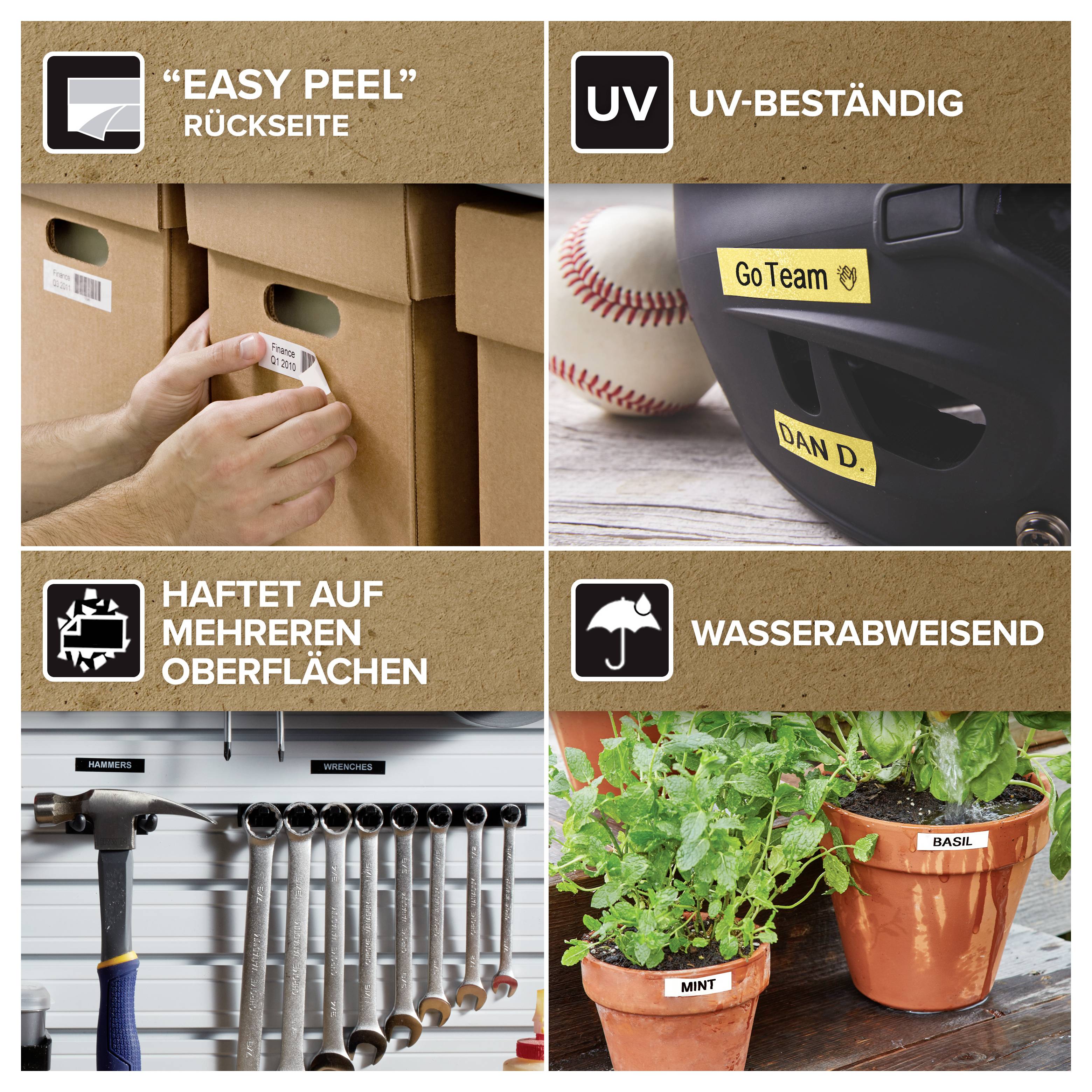 Vier-Panel-Produktgrafik mit Etiketten, die sich leicht abziehen lassen, UV-beständig sind, auf mehreren Oberflächen haften und wasserdicht sind, mit Beispielverwendungen auf Kartons, Sportausrüstung, Werkzeugen und Blumentöpfen.