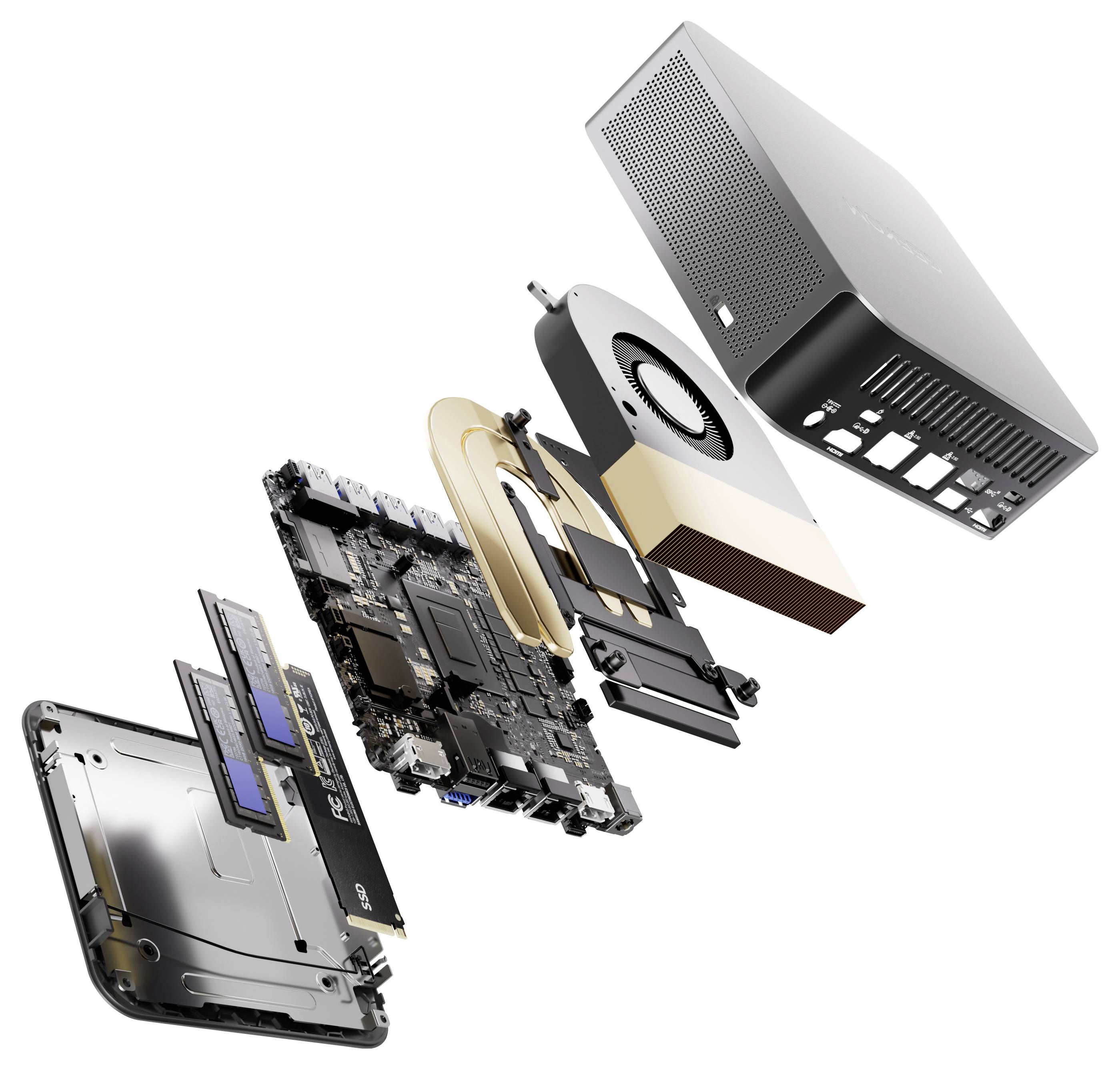 Explosionsdarstellung eines kompakten Computers, die das Gehäuse, den Kühlventilator, das Motherboard, den Speicher und andere interne Komponenten in Montagereihenfolge getrennt zeigt.