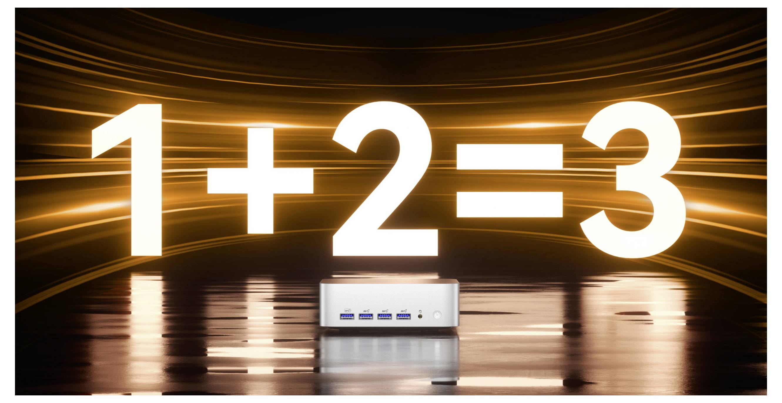 Rückseite eines kompakten Computers mit Stromjack, 4K-HDMI-Anschlüssen, zwei 2,5G-Ethernet-Anschlüssen, zwei USB-A-Anschlüssen und einem SuperSpeed-USB-Anschluss.