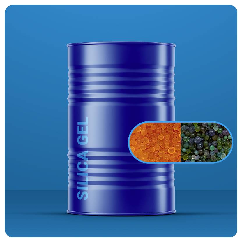 Blaues Metallfass mit der Aufschrift „SILICA GEL