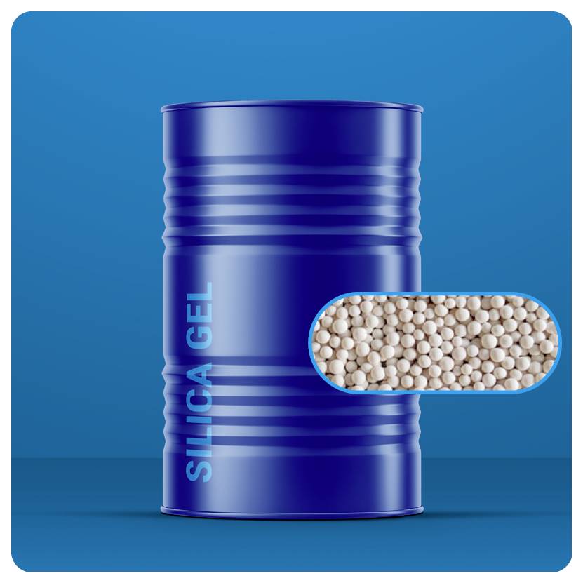 Blauer Metallfass mit der Aufschrift „KIESELGEL