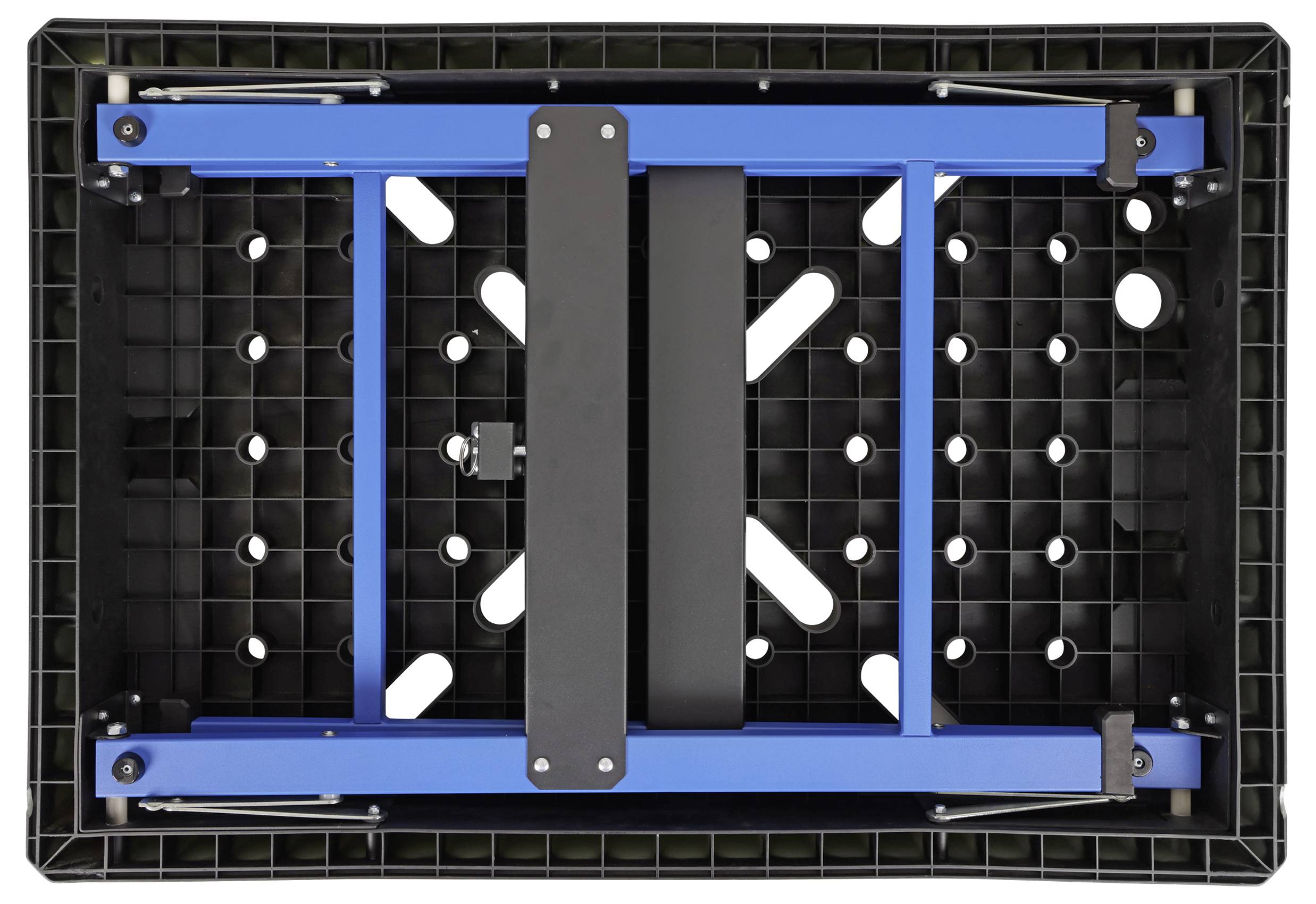 Draufsicht auf einen blauen und schwarzen mechanischen Rahmen in einer rechteckigen Kunststoffkiste mit einer zentralen schwarzen Platte und diagonalen weißen Aussteifungen.