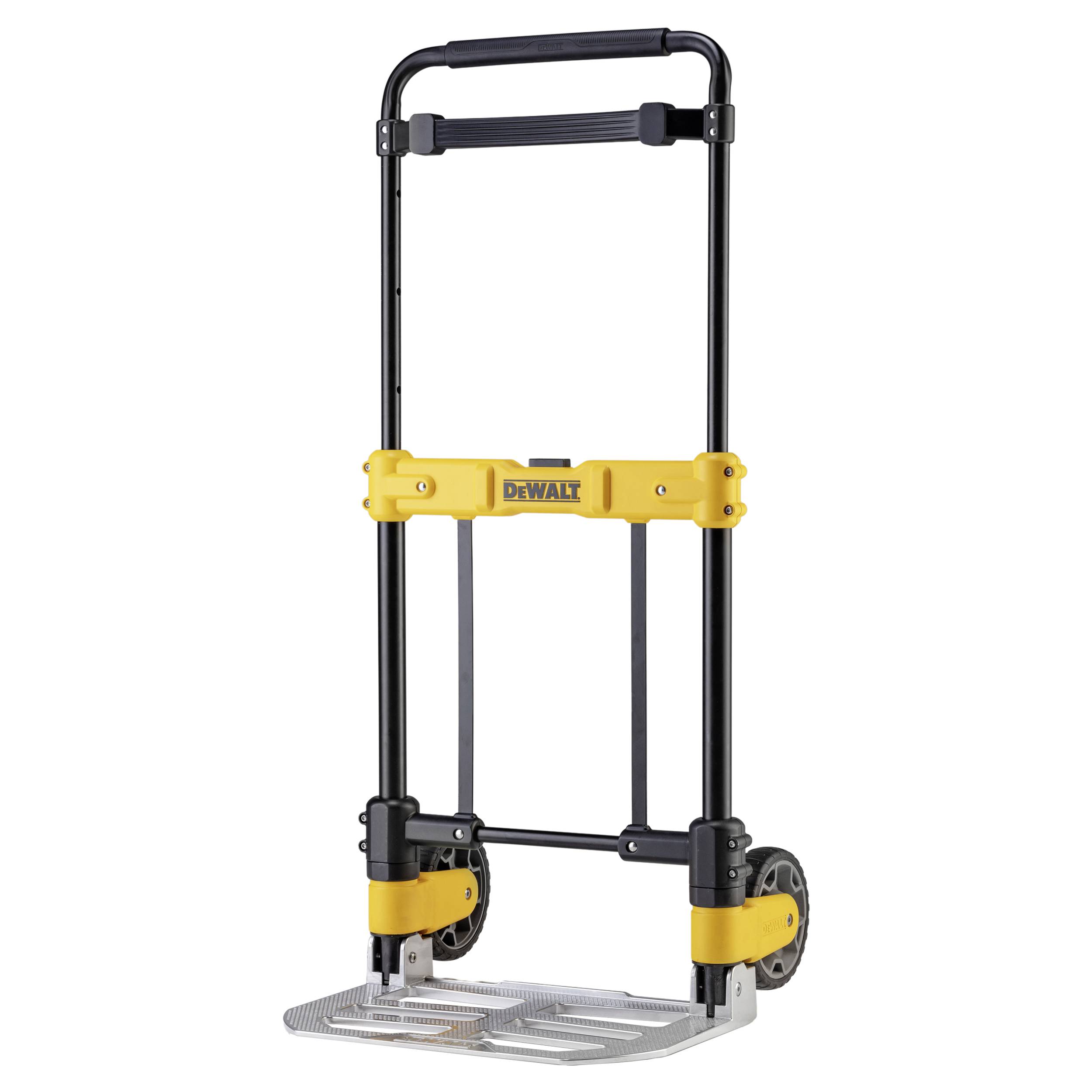 Tragbarer DeWalt-Handwagen mit Klappmechanismus, Aluminiumbasis und großen Rädern, aufrecht auf weißem Hintergrund dargestellt.