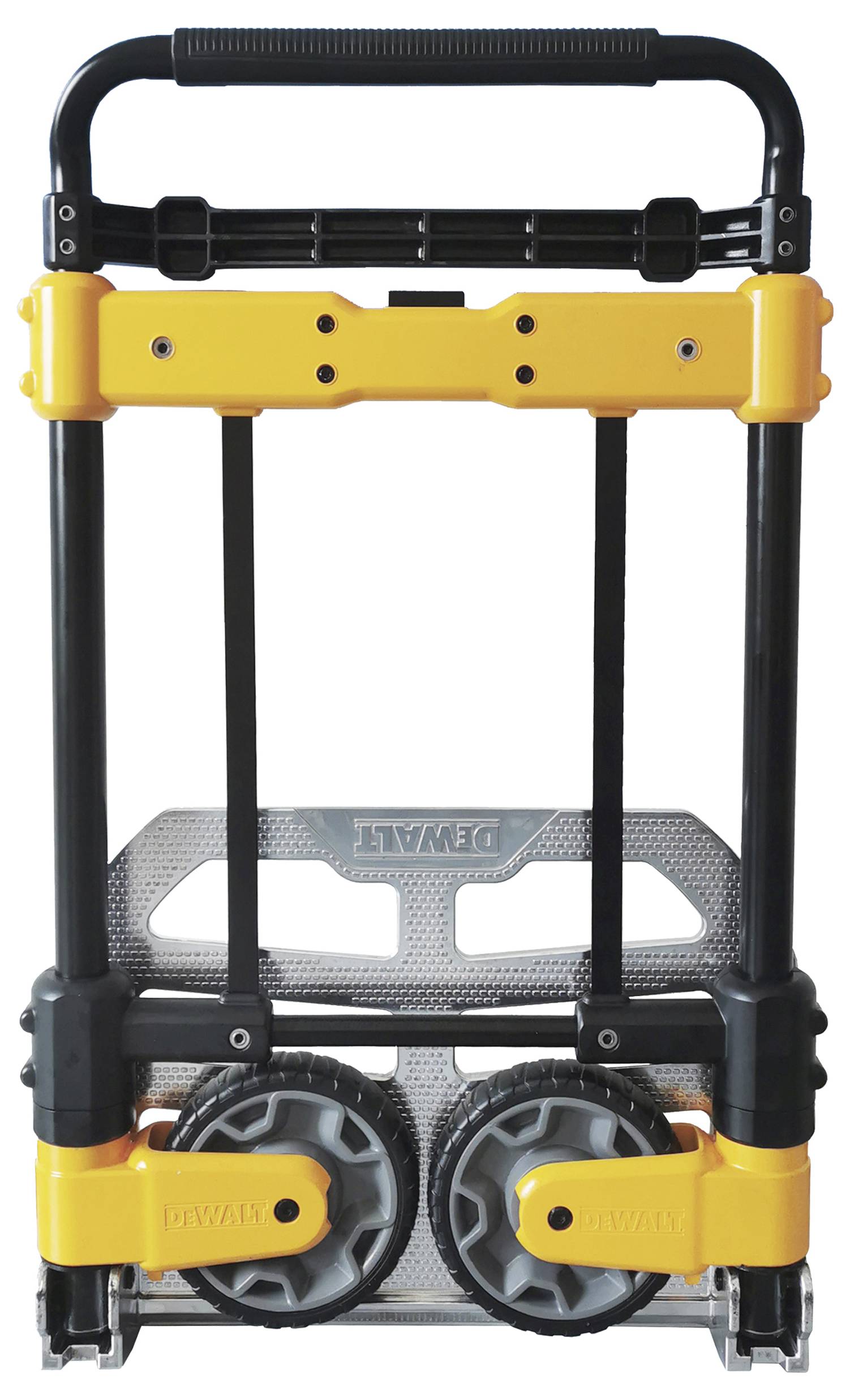 Tragbarer gelb-schwarzer DEWALT-Handwagen mit zwei Rädern und ausziehbarem Griff, aufrecht auf weißem Hintergrund abgebildet.