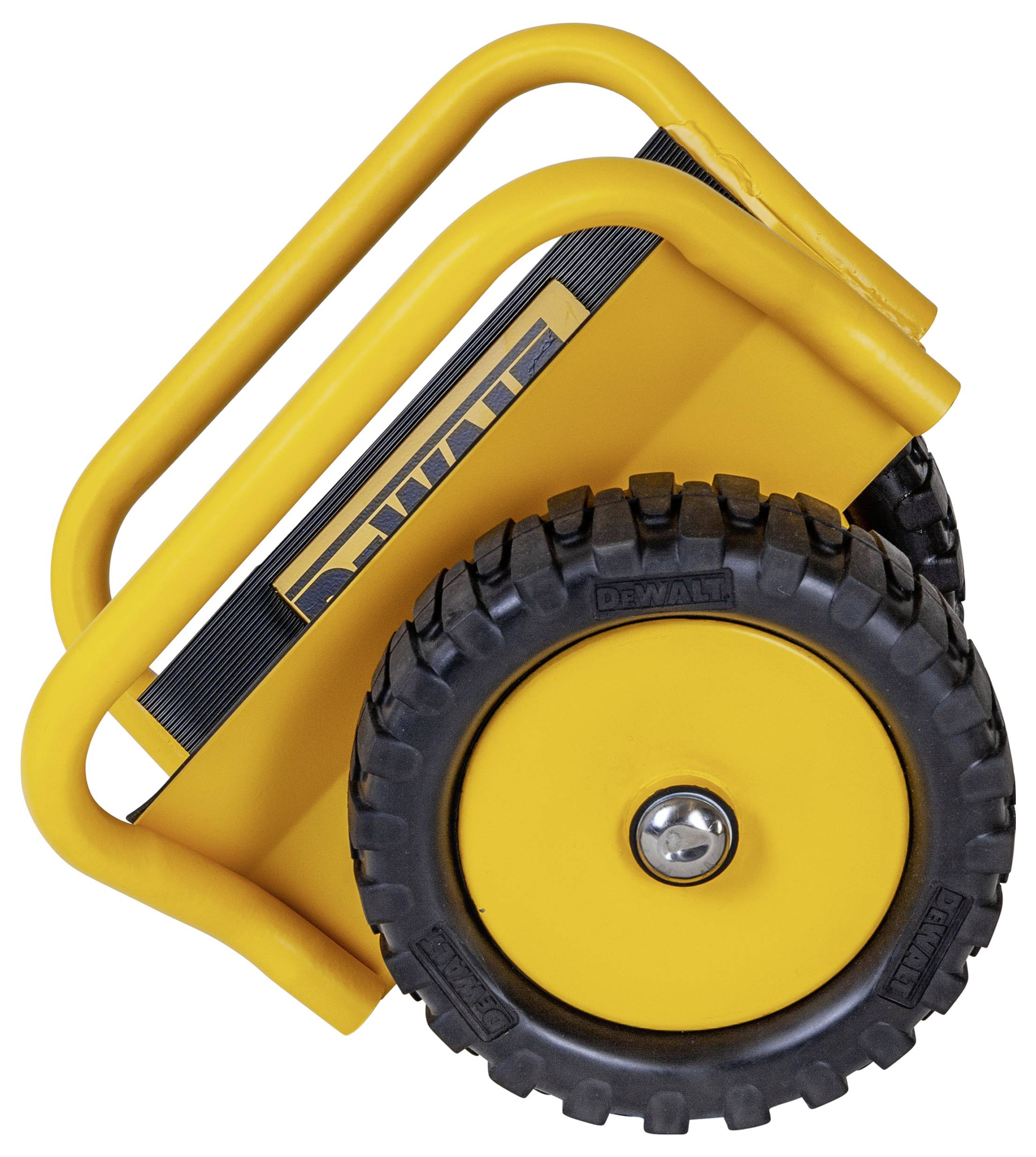 Gelber tragbarer Handwagen oder Sackkarre von DEWALT mit großem schwarzem Gummirad, gezeigt auf weißem Hintergrund.