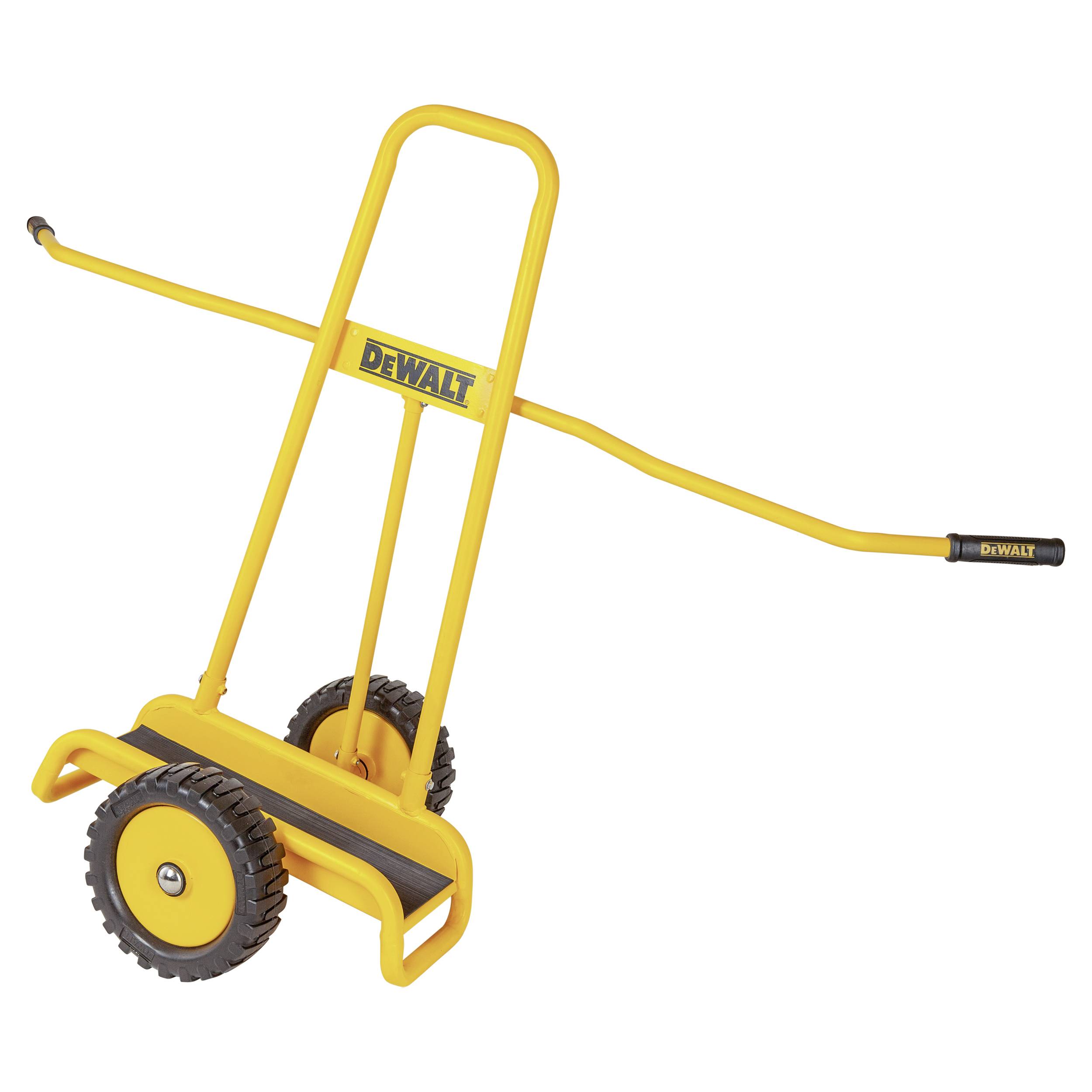 Gelber DeWALT Handwagen mit zwei Rädern und langem Griff, dargestellt vor weißem Hintergrund.