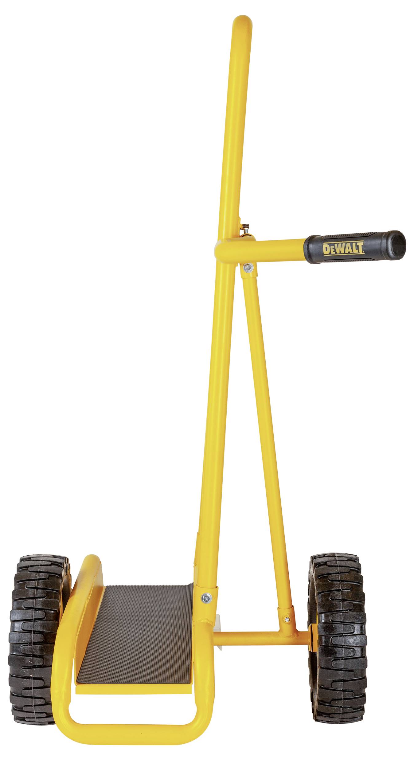 Gelber DEWALT-Handwagen mit zwei großen schwarzen Rädern, einer grauen Trittfläche und einem aufrechten Griff vor weißem Hintergrund.