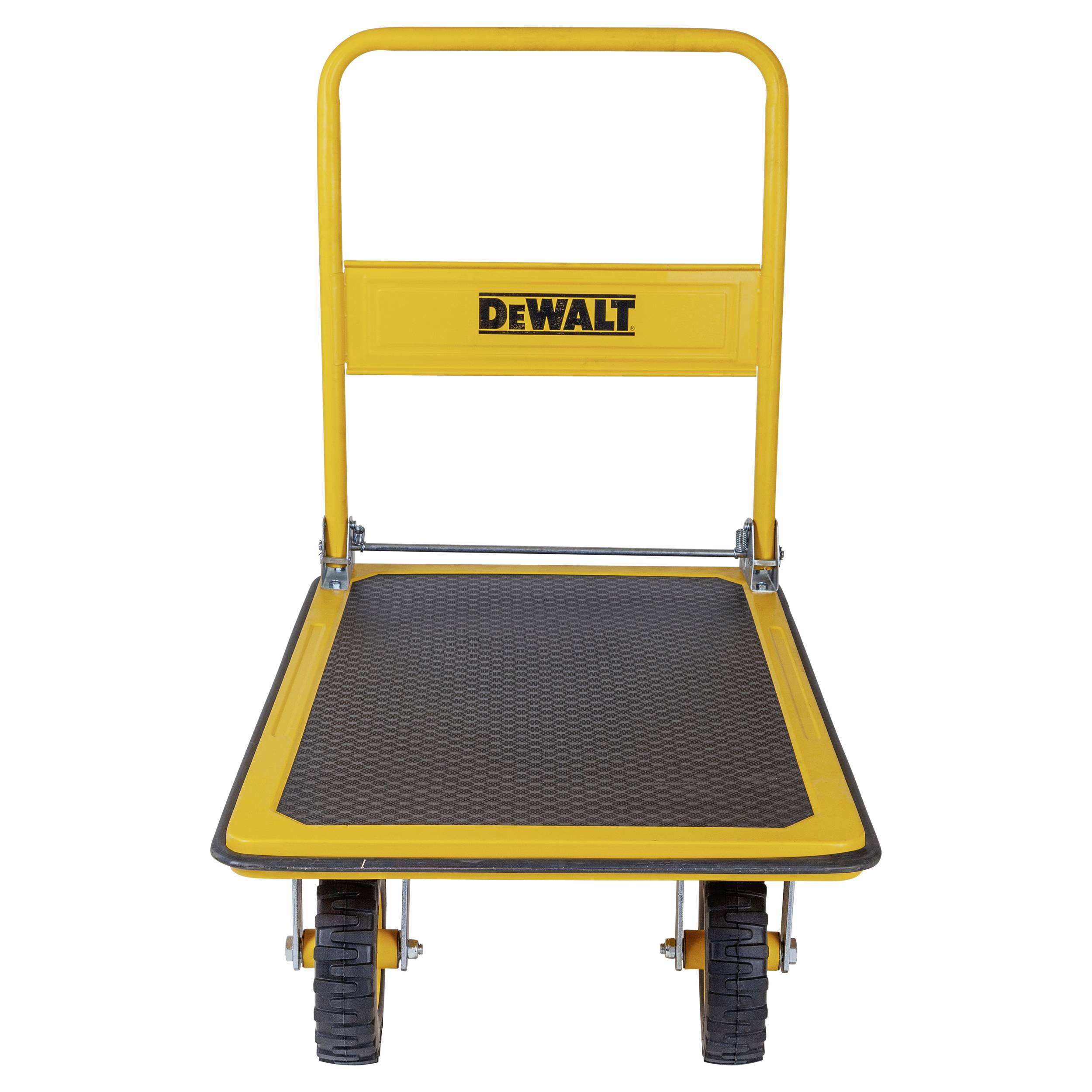 Gelber DEWALT-Klapphandwagen mit flacher Plattform und zwei schwarzen Rädern auf weißem Hintergrund.