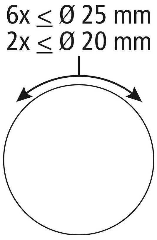 Diagramm eines kreisförmigen Teils mit einer Markierung in der Obermitte und gekrümmten Pfeilen um die obere Kante, beschriftet mit „6x ≤ Ø 25 mm
