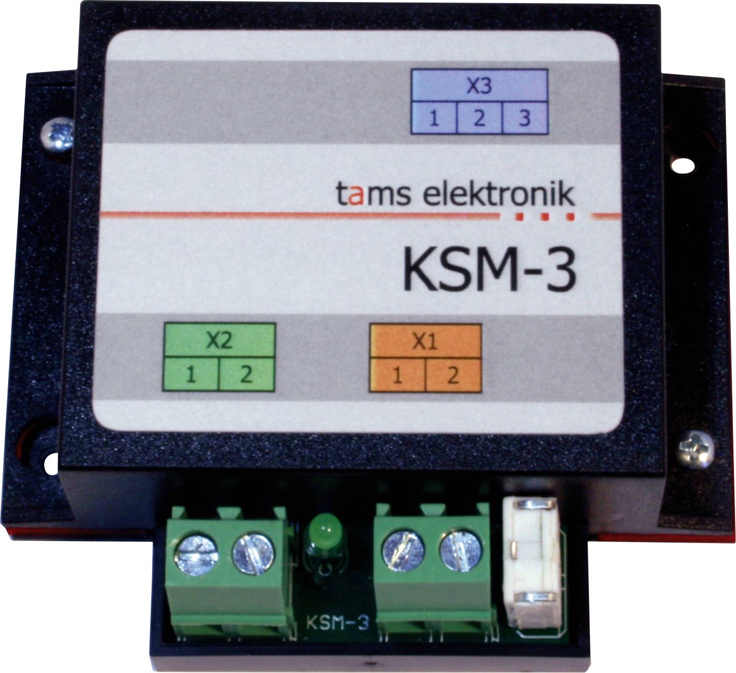 Foto eines elektronischen Moduls KSM-3 von tams elektronik mit beschrifteten Anschlüssen X1, X2 und X3 sowie Klemmschrauben.