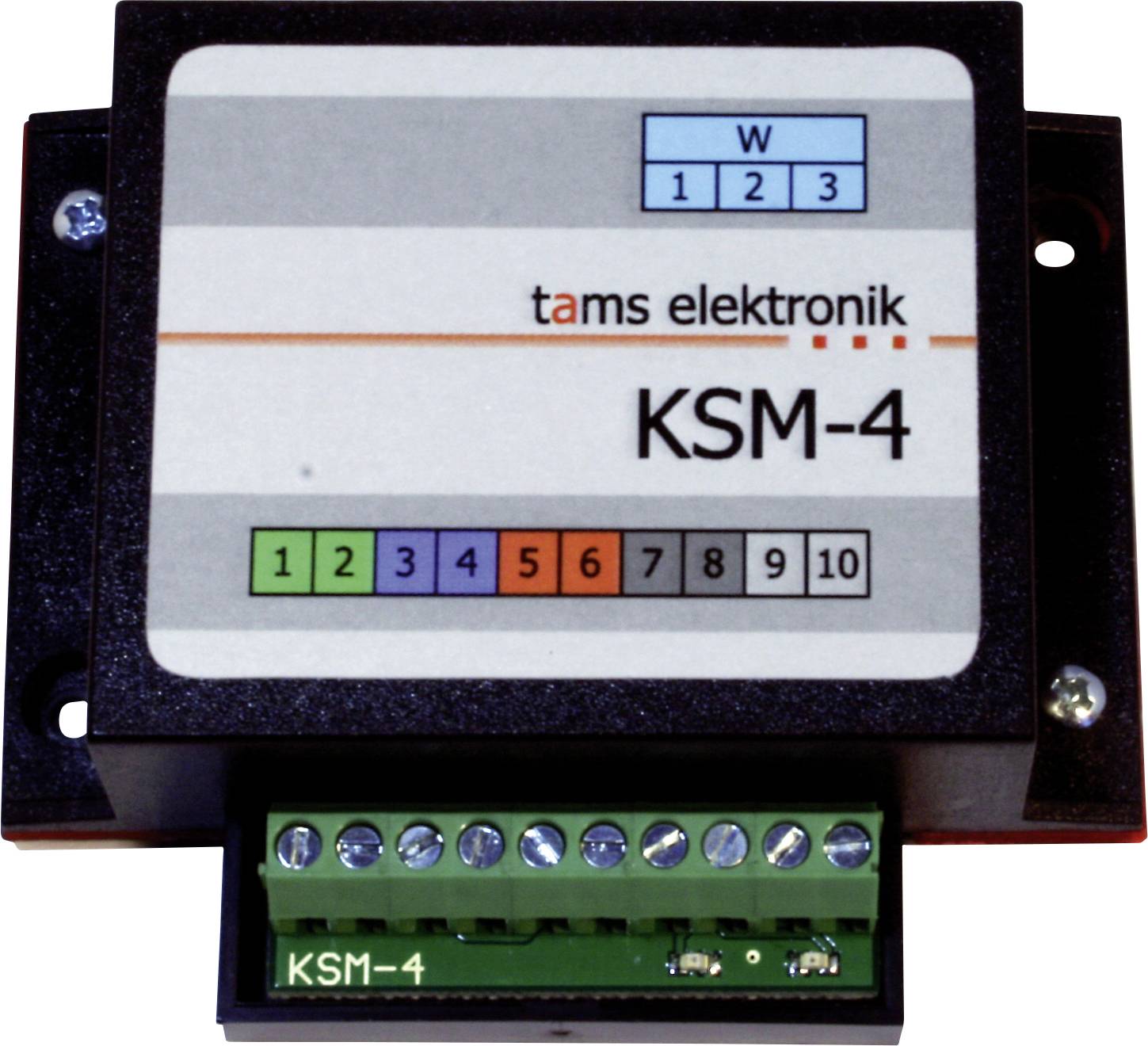 Ein Tams Elektronik KSM-4 Elektronikmodul mit gekennzeichneten Schalterstellungen 1–10 und Anschlussschrauben, von vorne gezeigt.