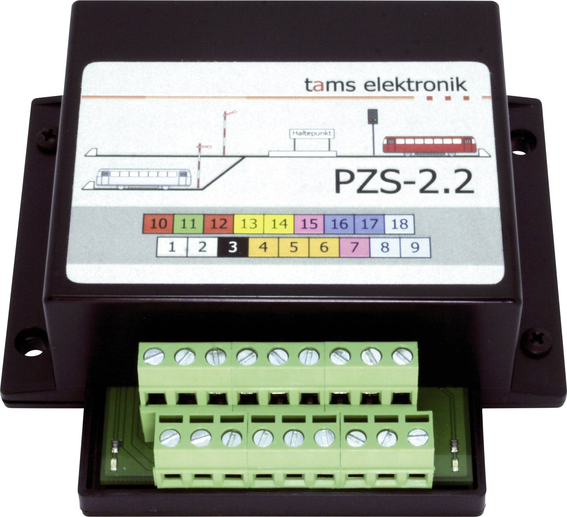 Ein Tams Elektronik PZS-2.2 Gleisschaltmodul mit beschrifteter Gleisschema, farbigen Adressnummern und grünen Schraubklemmenverbindern.
