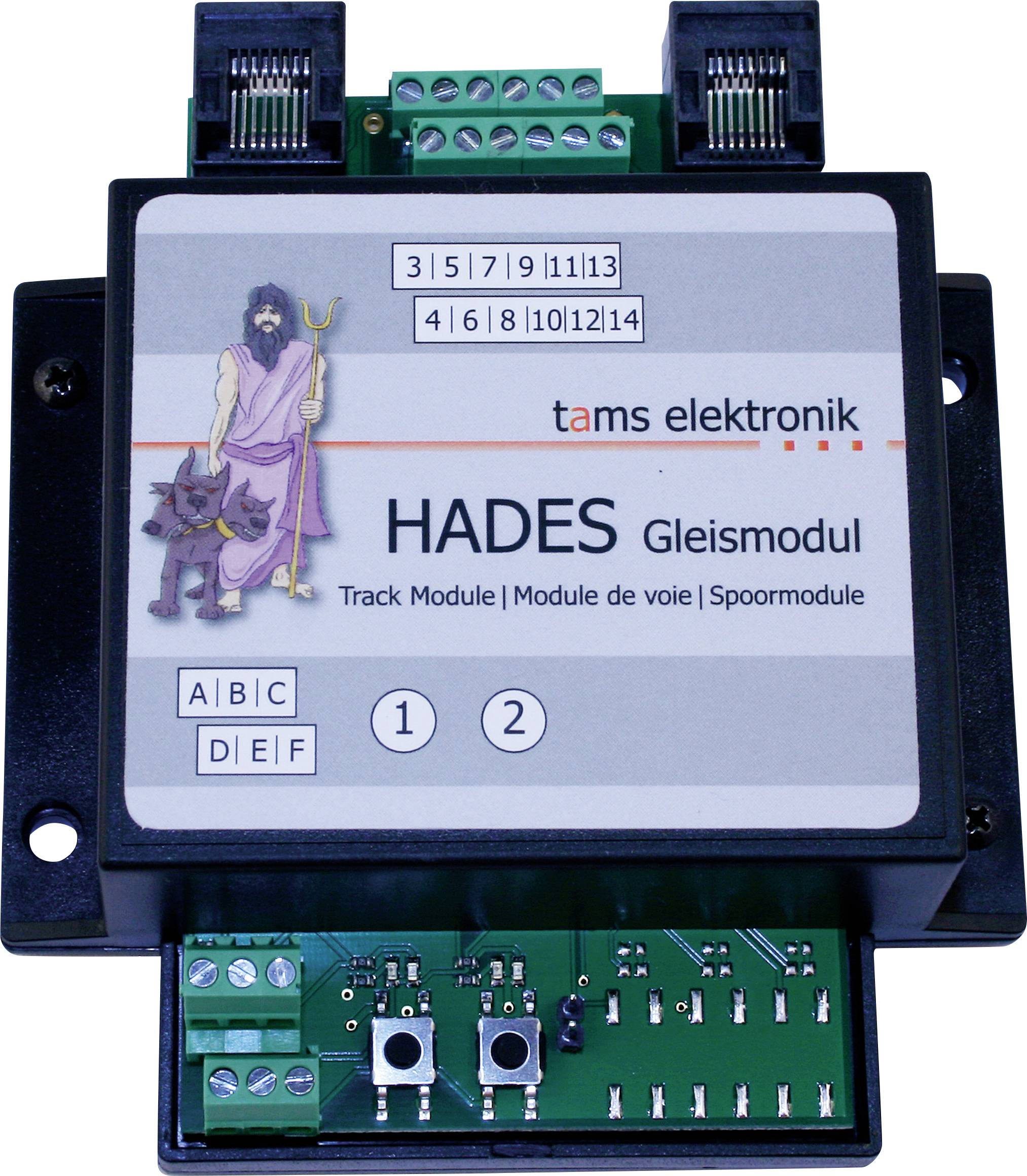 HADES-Spurmodul-Elektronikgerät mit gekennzeichneten Anschlüssen, Klemmleisten und zwei Tasten, von „tams elektronik