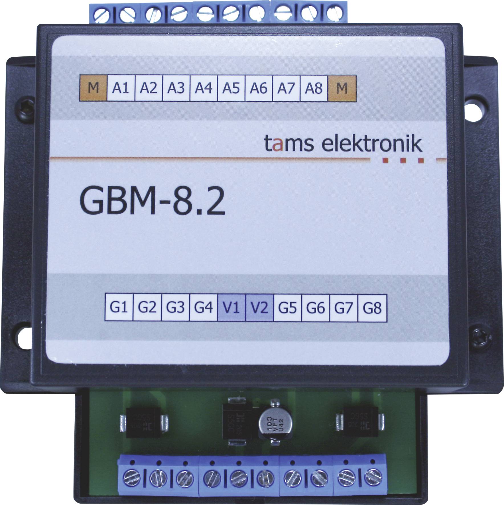 Tams Elektronik GBM-8.2 Modul mit beschrifteten Schraubklemmen und Anschllusspunkten für Schienen- oder Steuerleitungen.