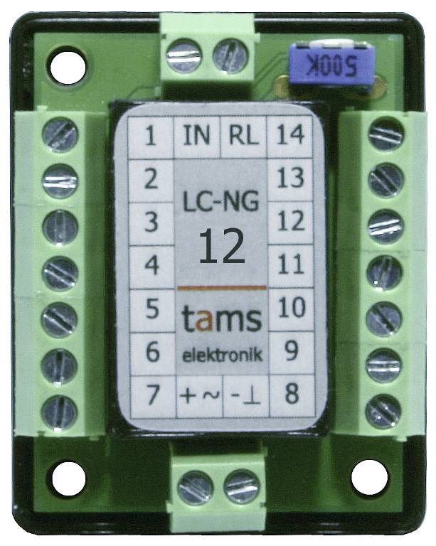 Elektronisches Relaismodul mit Bezeichnung 'LC-NG 12' mit Schraubklemmen und einem blauen 500K-Einstelltrimmer.