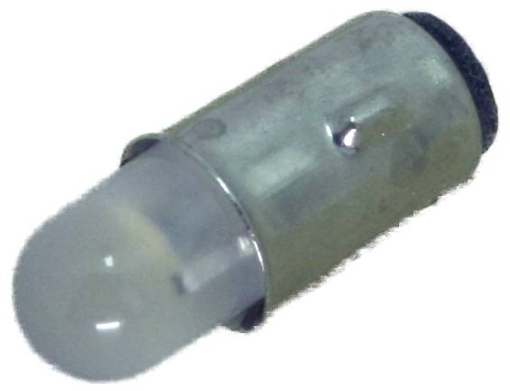 Nahaufnahme einer kleinen zylindrischen Glühbirne mit einer matten gerundeten Spitze und metallischer Fassung, isoliert auf weißem Hintergrund.
