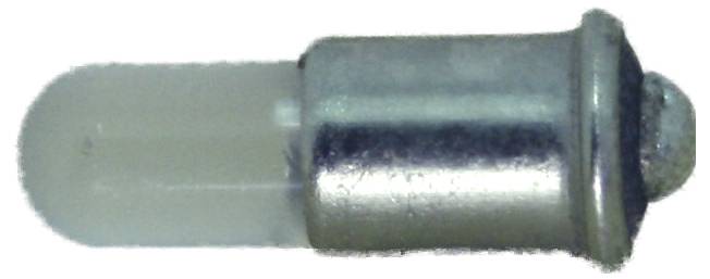Kleine Metall-Drucktaster-Glühbirne mit mattierter Glaspitze und zylindrischer silberner Basis auf weißem Hintergrund