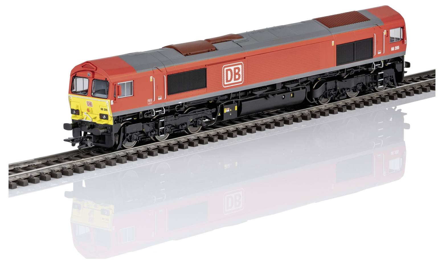 Rote und graue DB-Diesellokomotive auf einem kurzen Gleisabschnitt, in Seitenansicht auf weißem Hintergrund dargestellt.