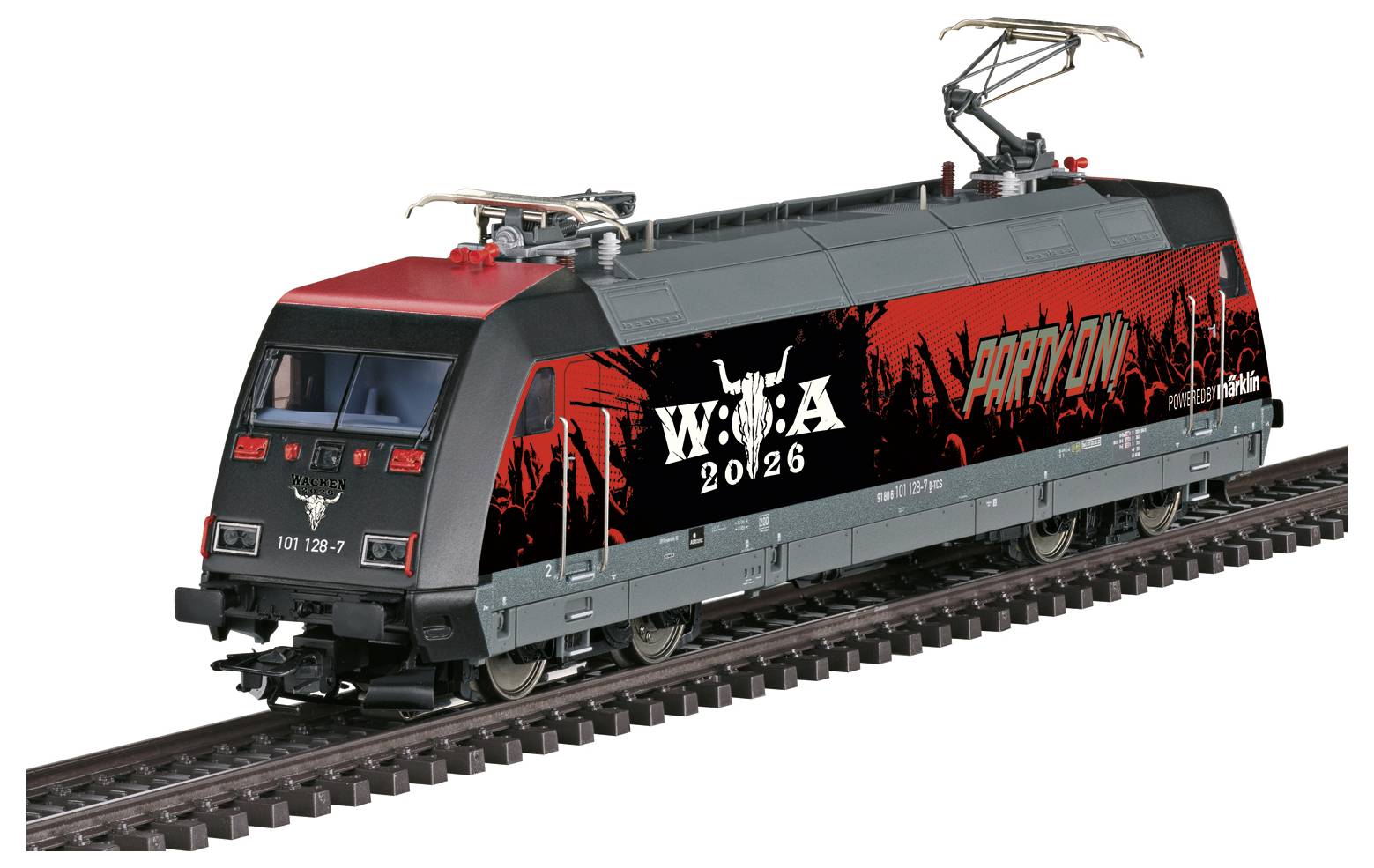 Ein schwarzroter elektrischer Modellzug auf Schienen mit „Wacken 2026