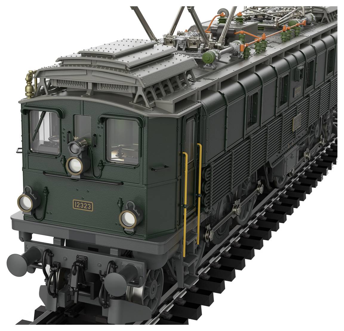 Grüne elektrische Lokomotive, von vorne-links betrachtet, mit Oberleitung-Stromabnehmer-Ausrüstung und der Nummer 12323 auf der Kabine.