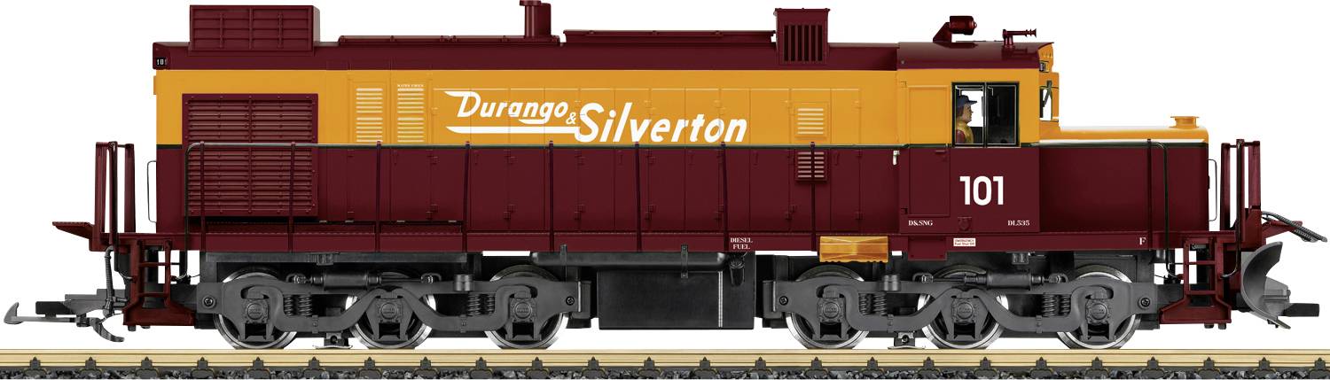 Seitenansicht einer kastanienbraun und orangefarbenen Durango & Silverton Lokomotive mit der Nummer 101.