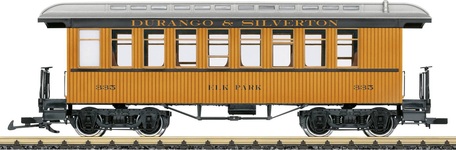Vintage-Personenwaggon in orange und schwarz mit der Beschriftung 