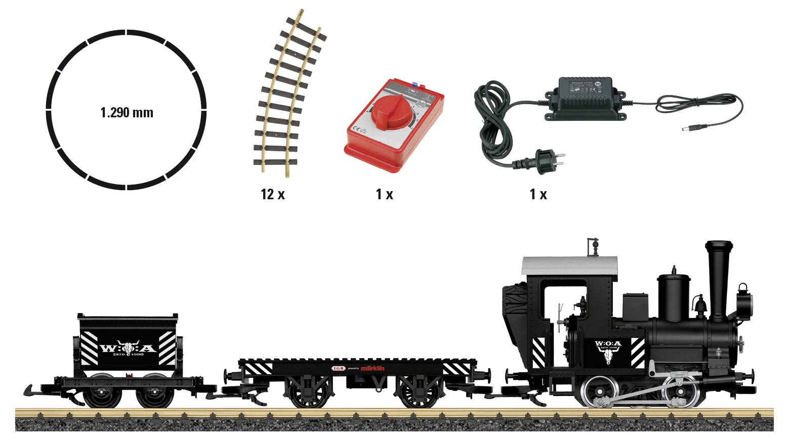 Inhalt des Modelleisenbahn-Sets: Kreisgleis mit einem Durchmesser von 1.290 mm, 12 gebogene Schienen, eine rote Fernbedienung, ein Netzteil und eine Dampflokomotive mit Tender sowie Flachwagen auf dem Gleis.