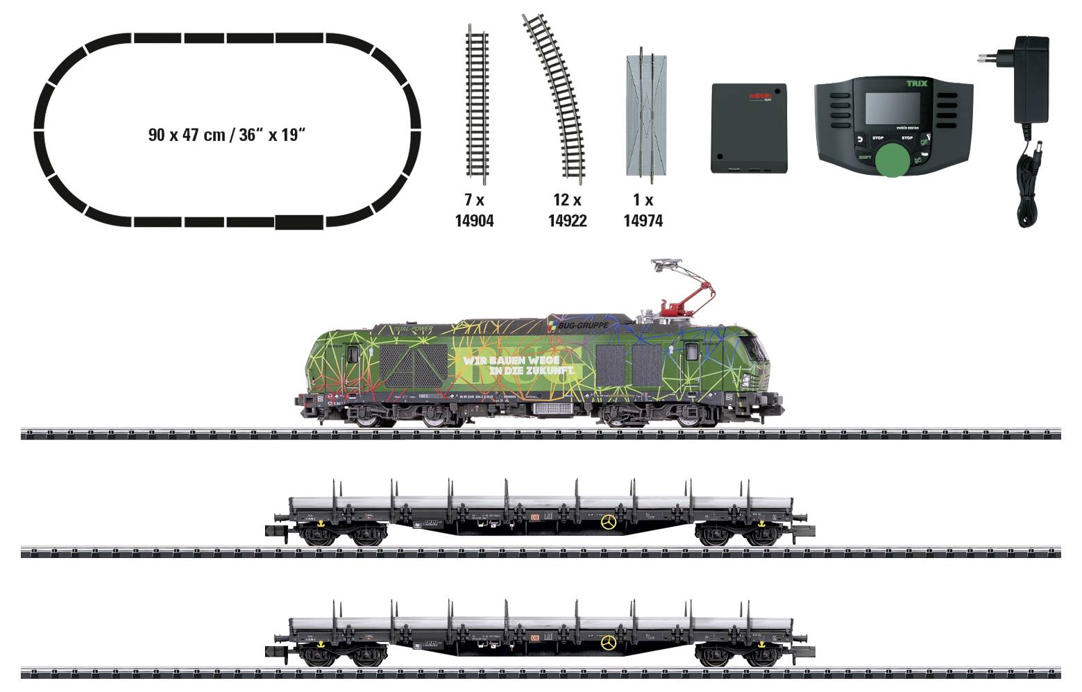 Modelleisenbahnstartersatz-Layout mit Oval-Gleisform 90 x 47 cm (35 x 18 Zoll), Gleisen und Regler, mit einer dekorierten Lokomotive und zwei Flachbettwagen auf geraden Gleisabschnitten.