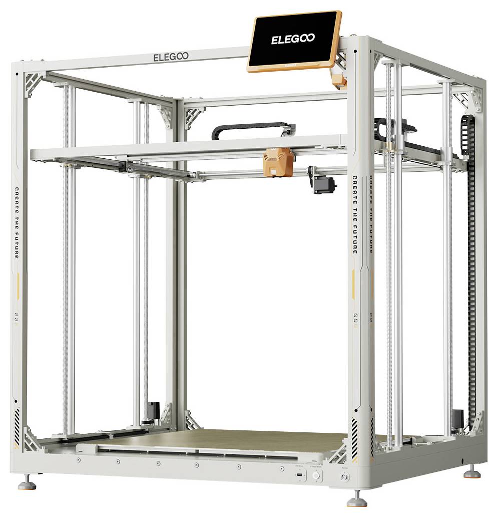 Ein großer weißer ELEGOO geschlossener 3D-Drucker mit würfelförmigem Rahmen, Touchscreen und Druckplattform im Inneren.