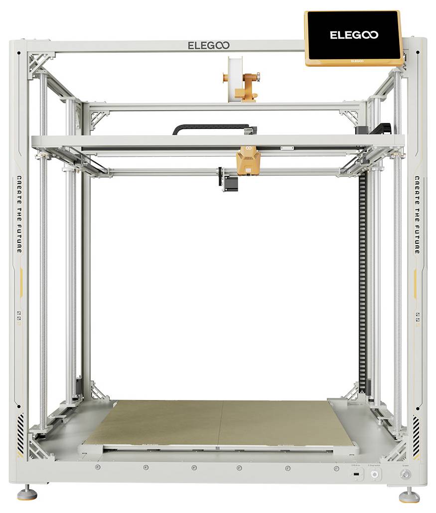 Frontansicht eines geschlossenen ELEGOO 3D-Druckers mit großem quadratischem Rahmen, orangefarbenem Druckkopf und Druckplattform im Inneren.
