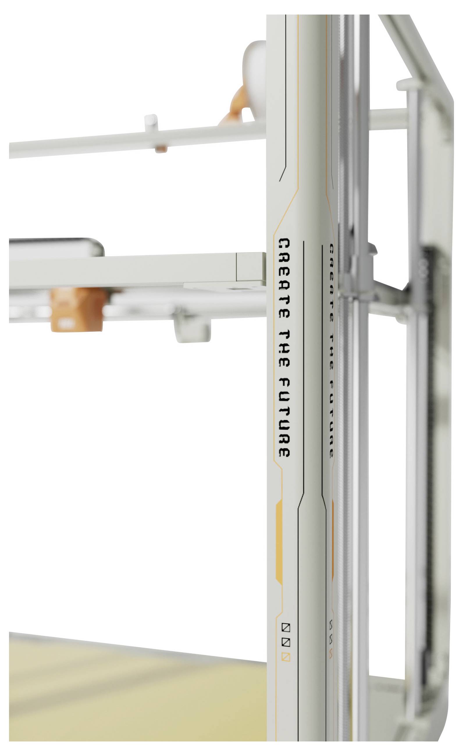 Nahaufnahme eines 3D-Druckerrahmens mit einer vertikalen silbernen Schiene mit der Aufschrift „CREATE THE FUTURE